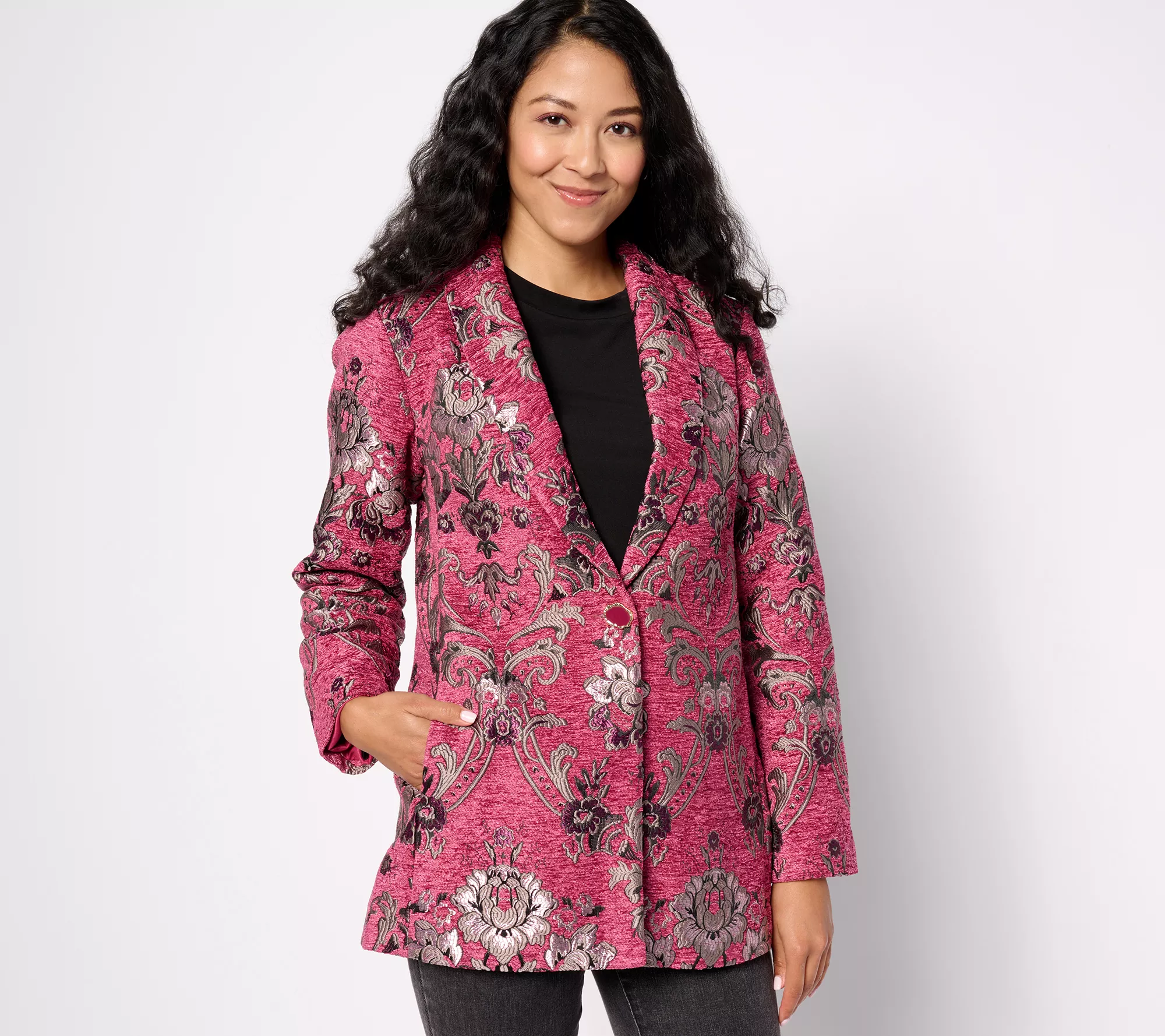 "As Is" GRAVER Susan Graver Petite Jacquard Tapestry Notch Collar Jacket