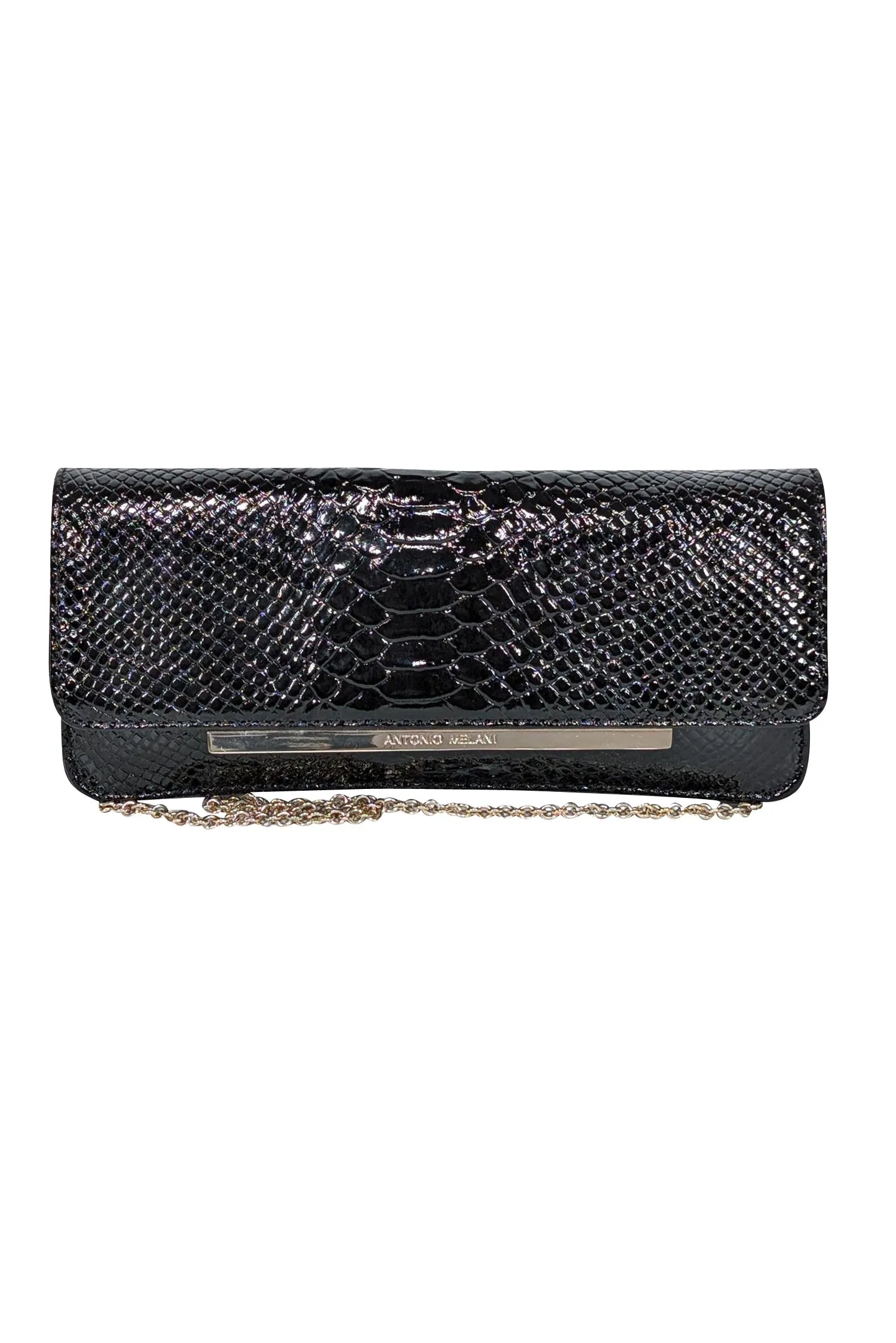 Antonio Melani - Black Patent Croc Embossed Shoulder Bag with Chain Strap