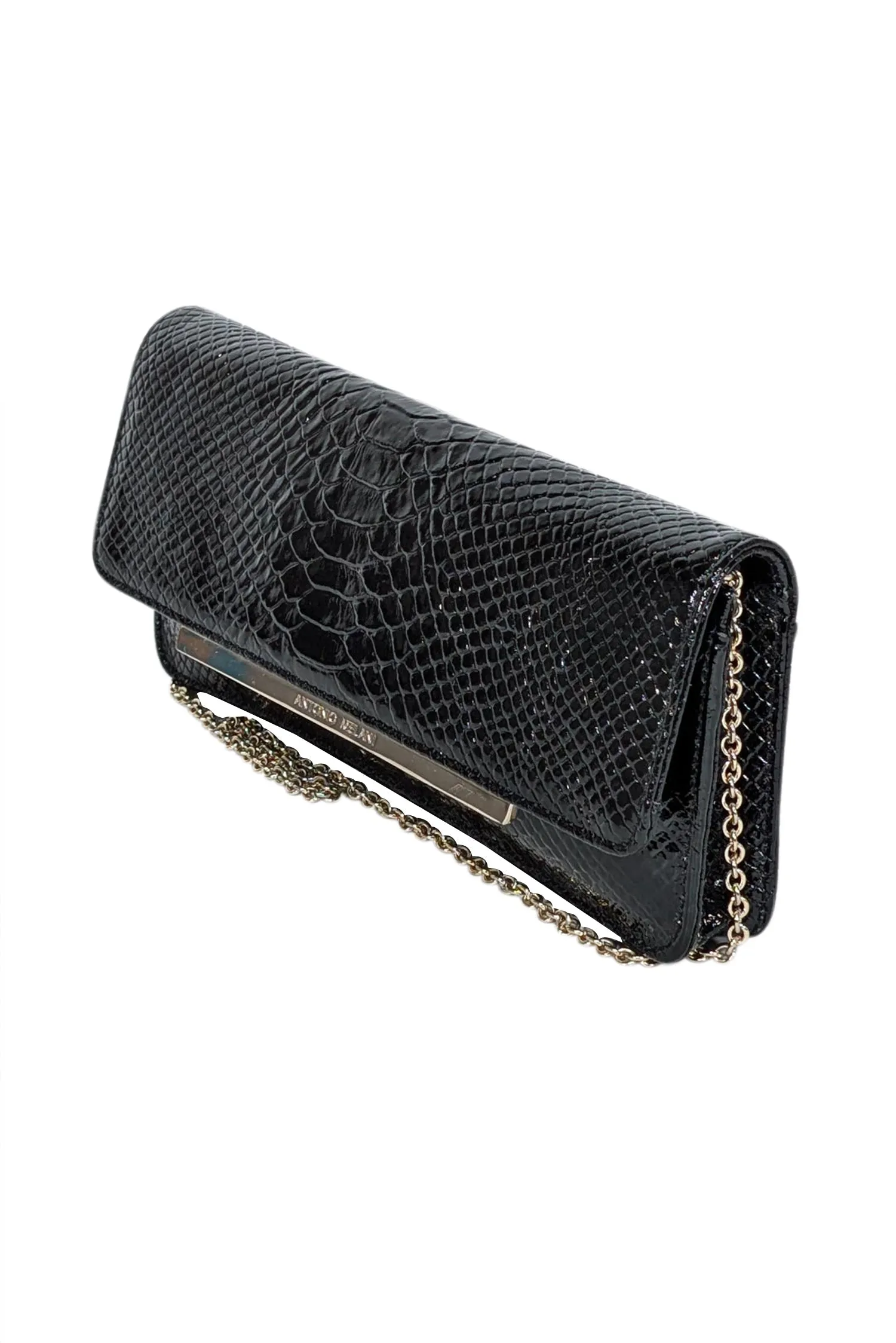 Antonio Melani - Black Patent Croc Embossed Shoulder Bag with Chain Strap