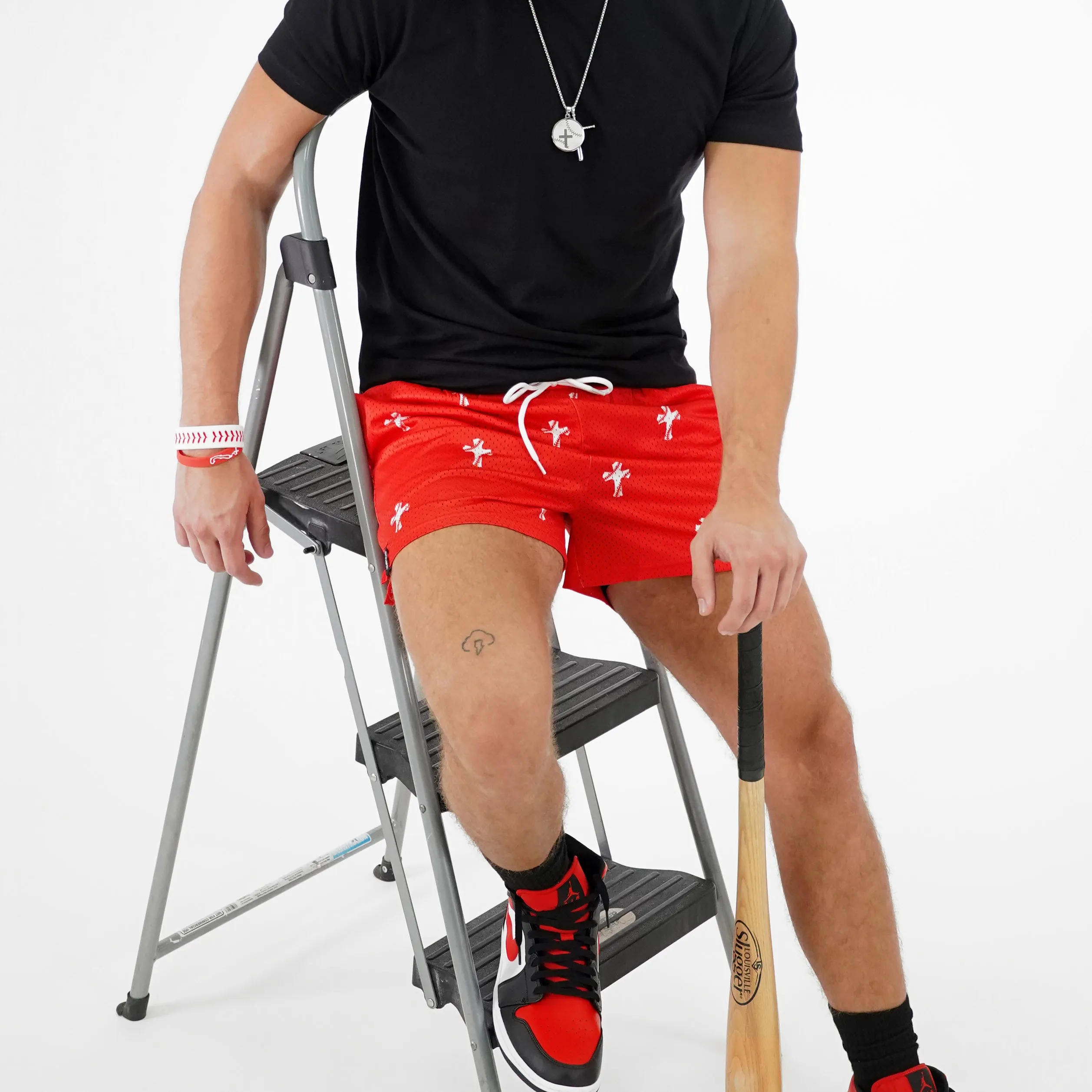 Baseball Cross Pattern Red Shorts - 5