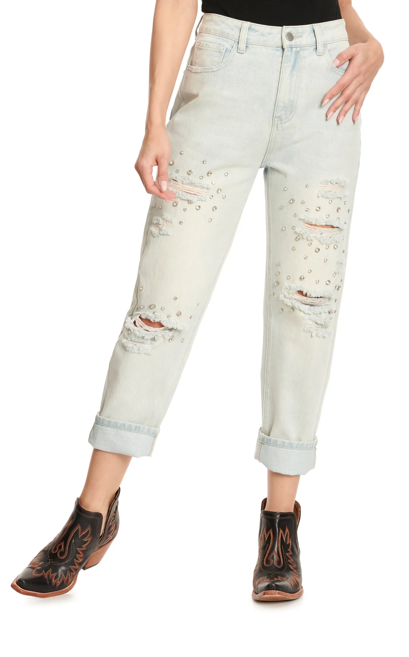 Blue B Women's Ligh Wash Distressed Crystal Rhinestone Mid Rise Jeans