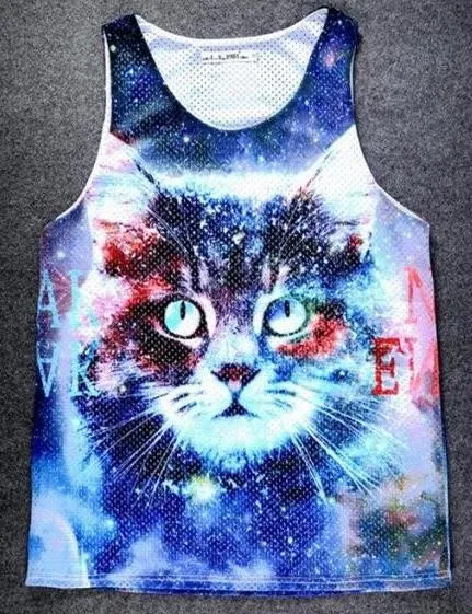 Blue Galaxy Universe Cat Net Sleeveless Mens T-shirt Vest Sports Tank Top