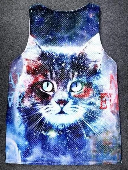 Blue Galaxy Universe Cat Net Sleeveless Mens T-shirt Vest Sports Tank Top