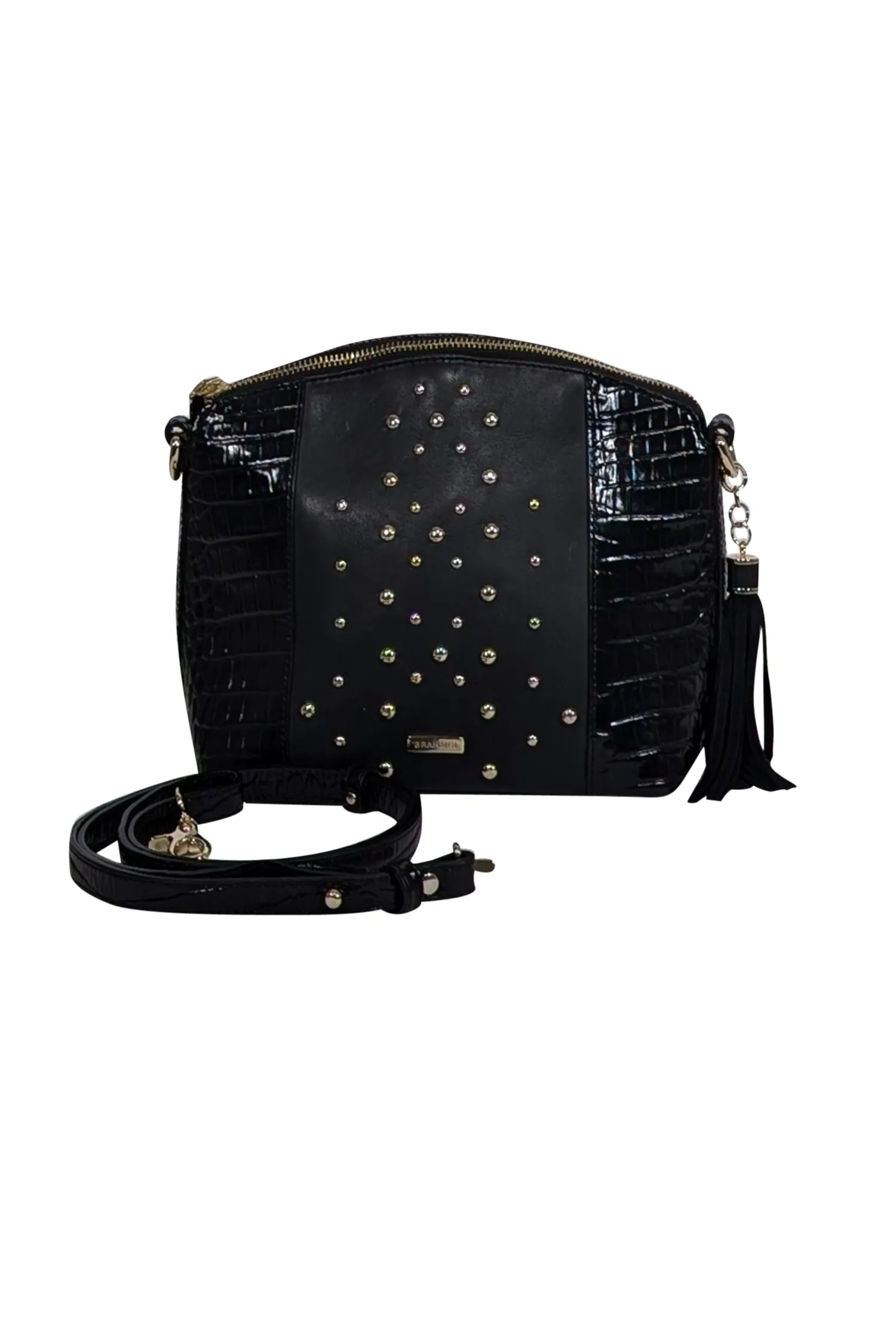 Brahmin - Black Croc Embossed Sides w/ Gold Studded Front Detail Shoulder Bag