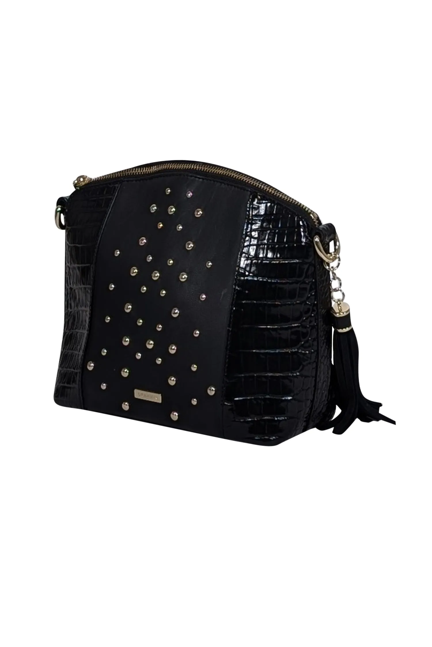 Brahmin - Black Croc Embossed Sides w/ Gold Studded Front Detail Shoulder Bag