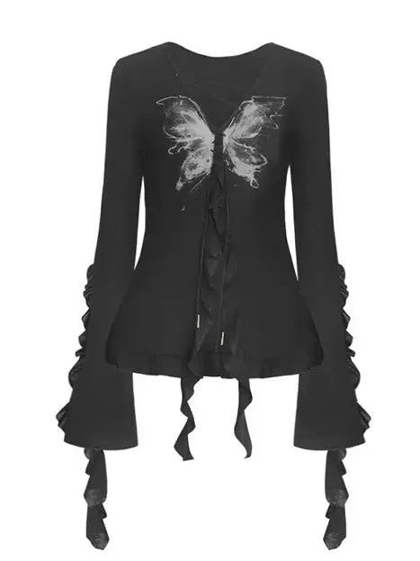 Butterfly Printed Lace-Up Ruffled Knitted Cardigan