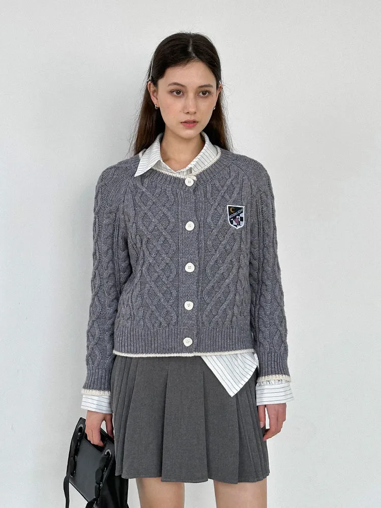 Cable-Knit Crew-Neck College Badge Cardigan