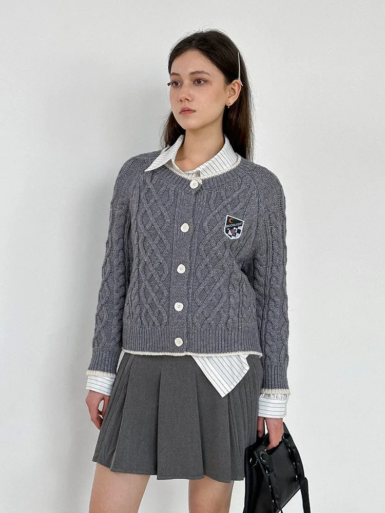 Cable-Knit Crew-Neck College Badge Cardigan