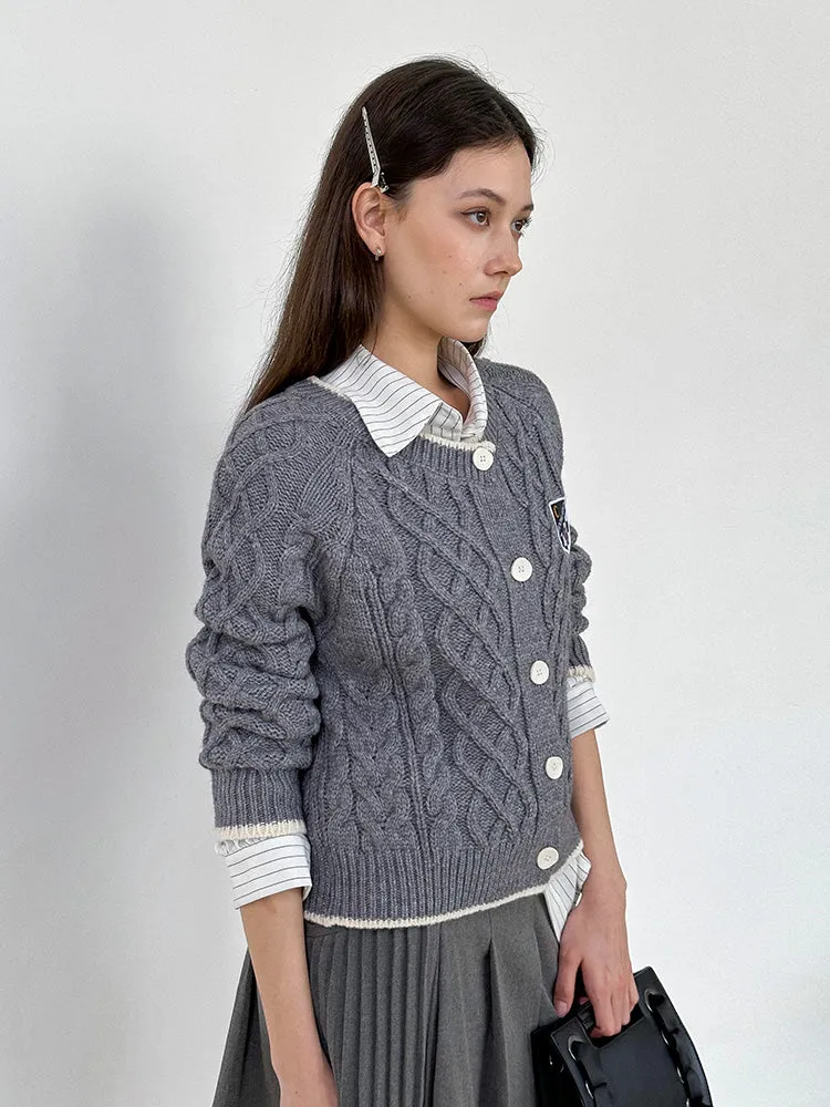 Cable-Knit Crew-Neck College Badge Cardigan