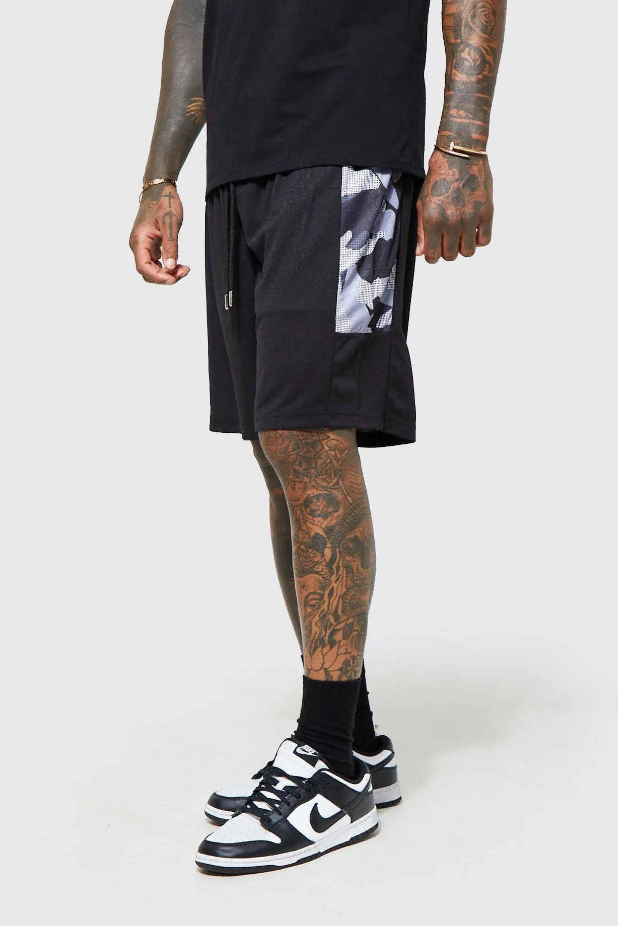 Camo Panel Mesh Basketball Short | boohooMAN UK