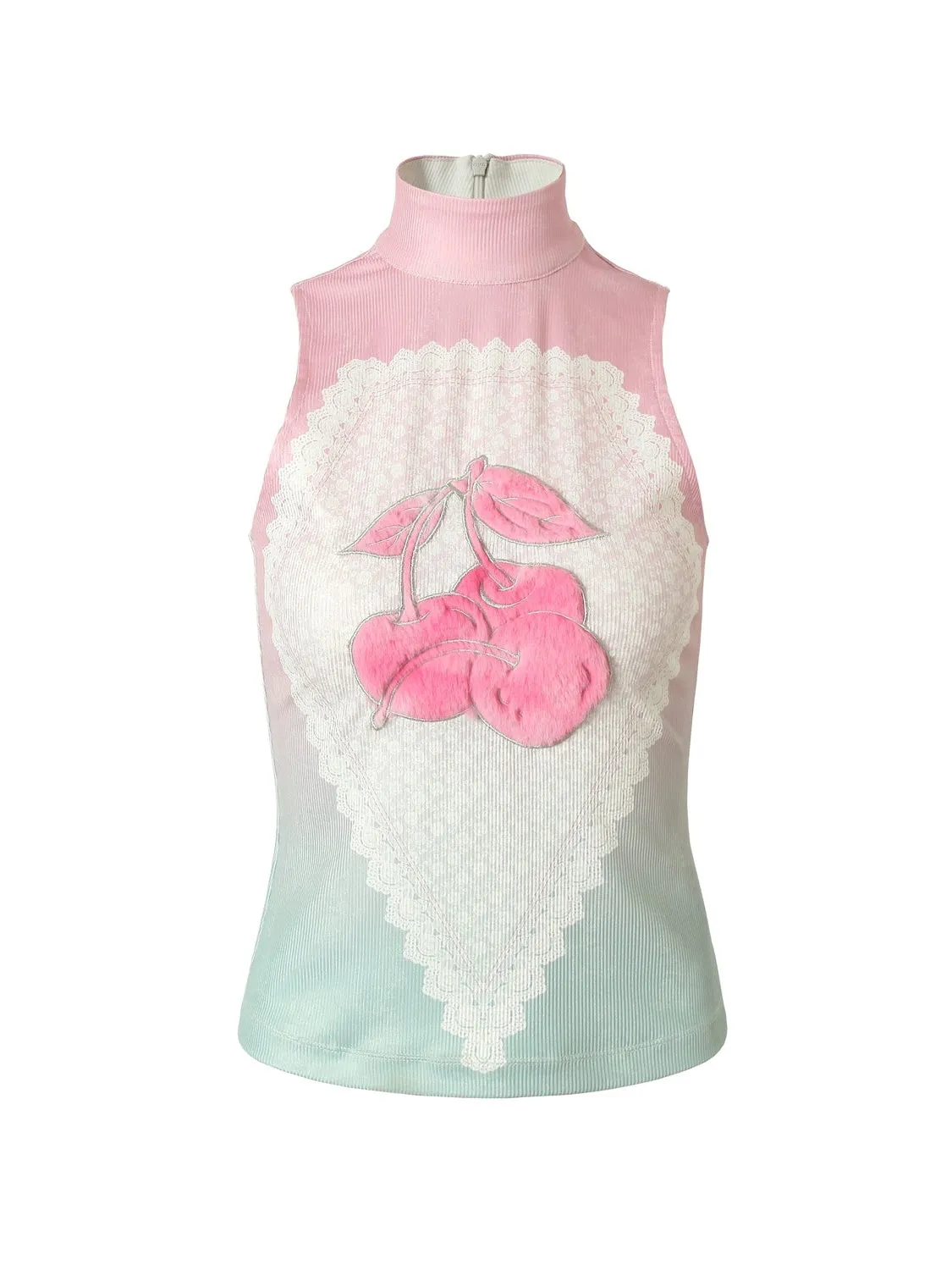 Cherry Fur Patch Embroidered Gradient Lace Vest & Skirt