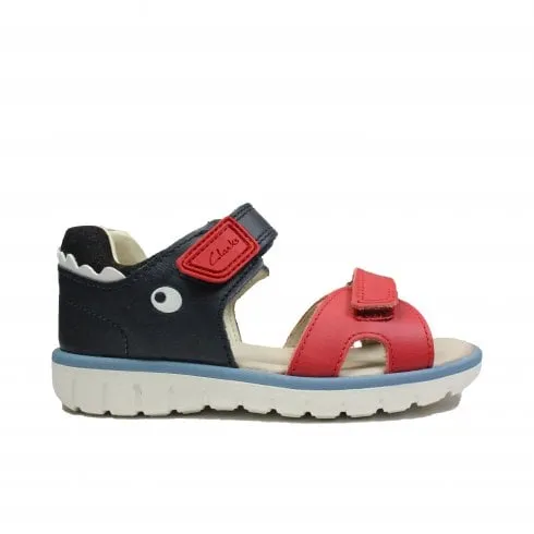 Clarks Roam Scale Toddler | Navy/Red Leather | Childrens Rip Tape Sandals