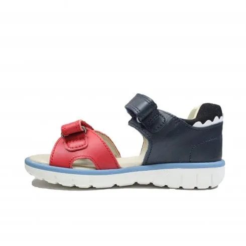 Clarks Roam Scale Toddler | Navy/Red Leather | Childrens Rip Tape Sandals