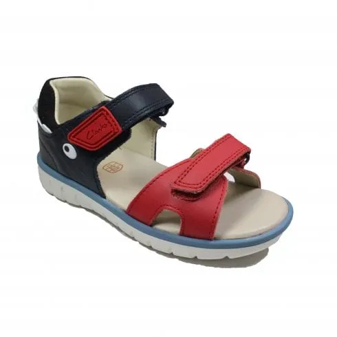 Clarks Roam Scale Toddler | Navy/Red Leather | Childrens Rip Tape Sandals