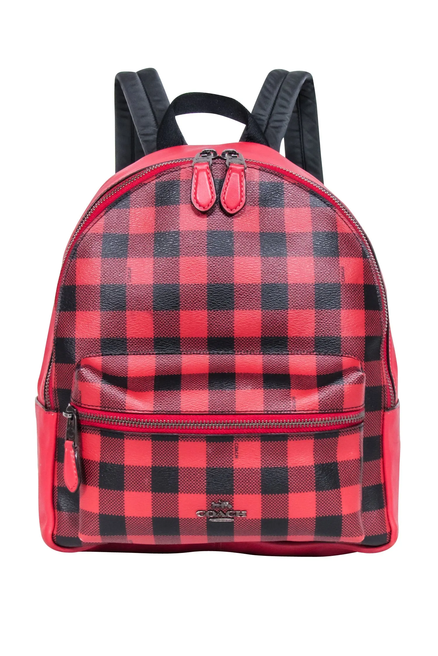 Coach - Red & Black Gingham Print Medium Charlie Backpack