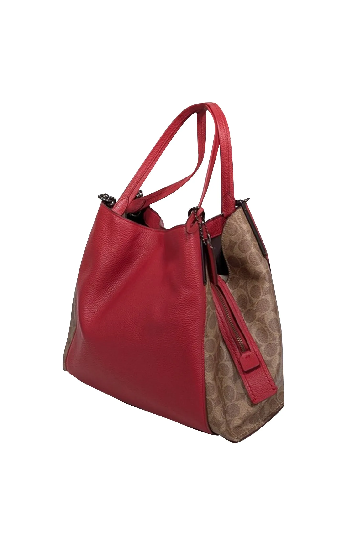 Coach - Red Pebbled Leather w/ Tan Monogram Coated Canvas Shoulder Bag