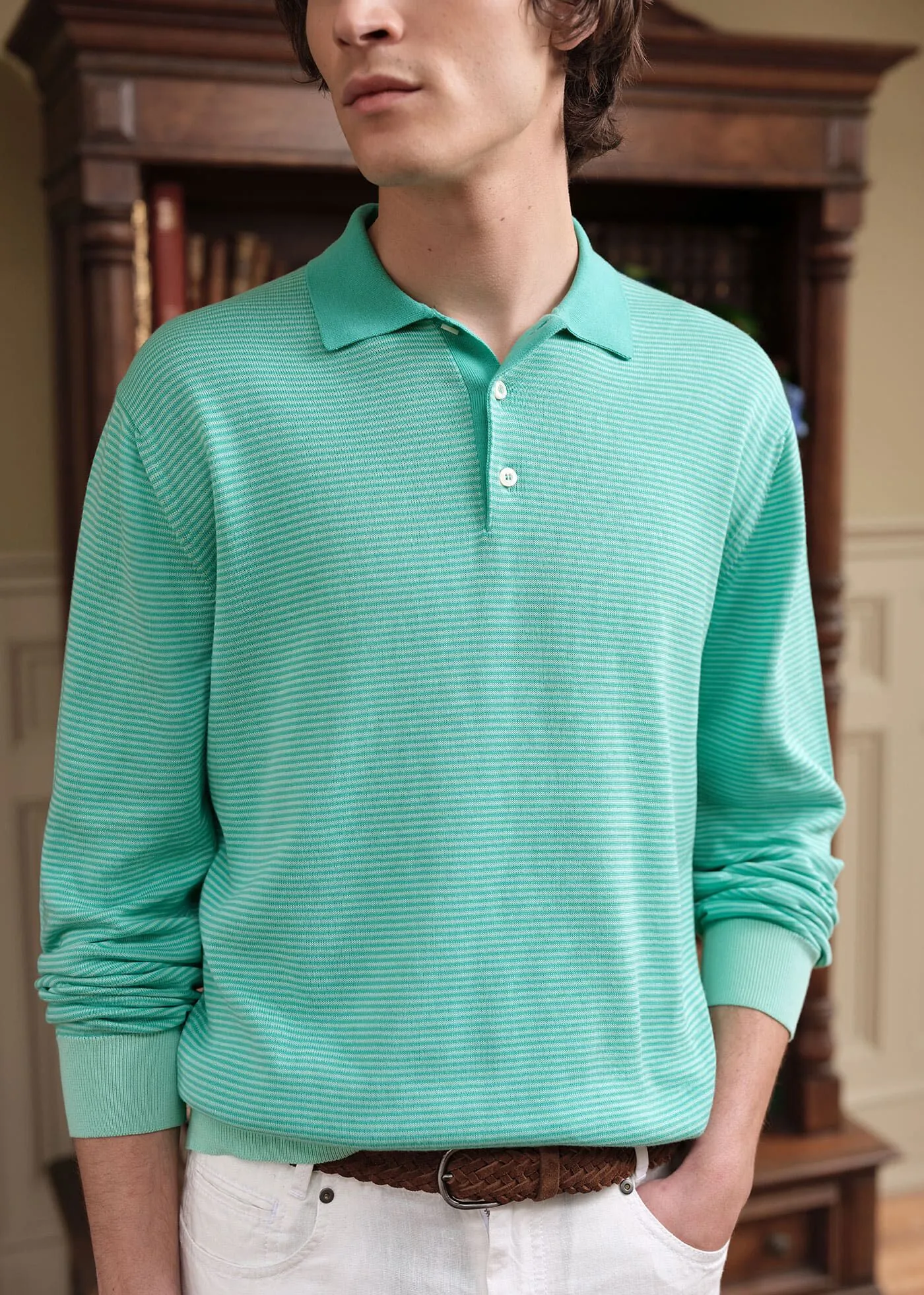 Cotton Stripe Long Sleeve Polo