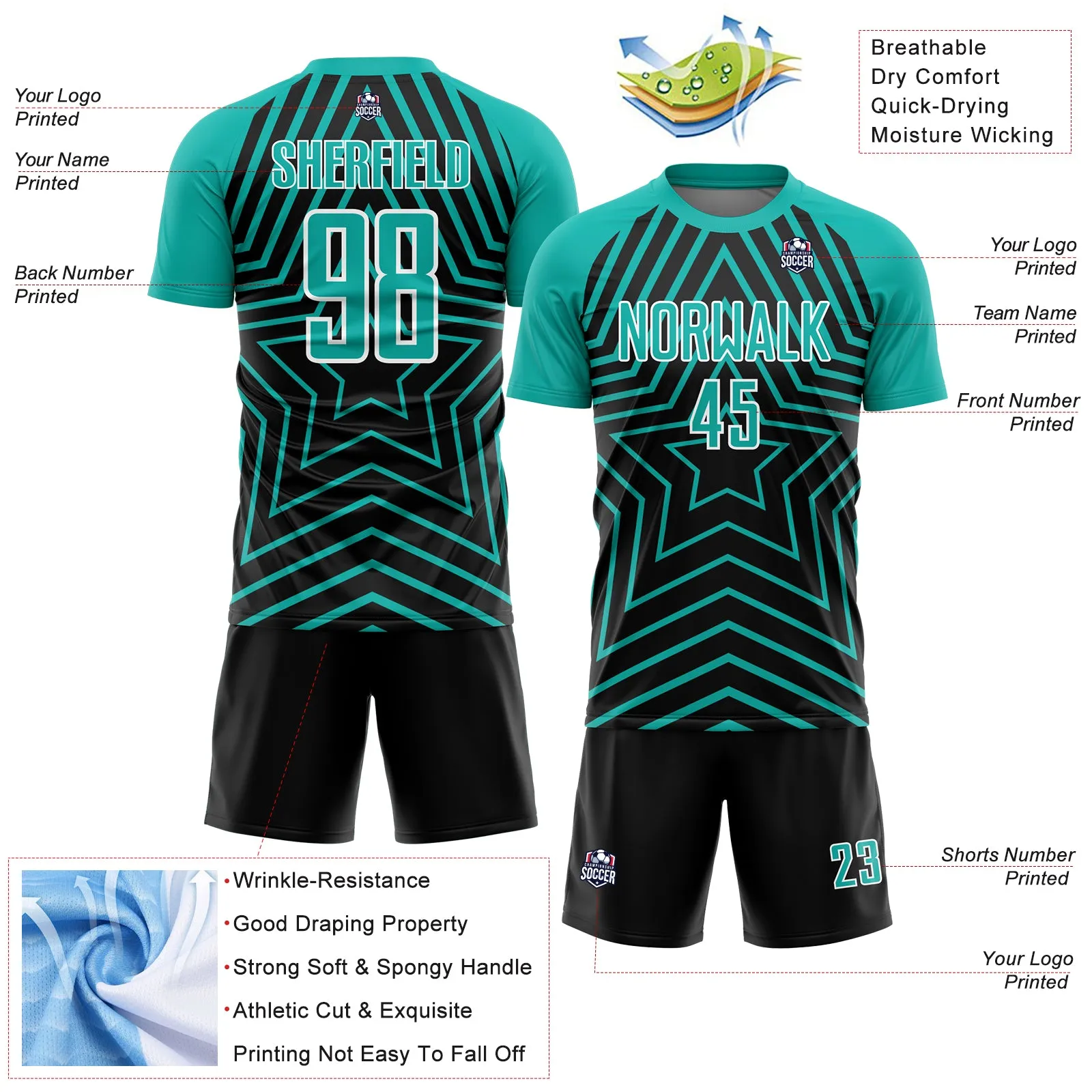 Custom Black Aqua-White Stars Sublimation Soccer Uniform Jersey