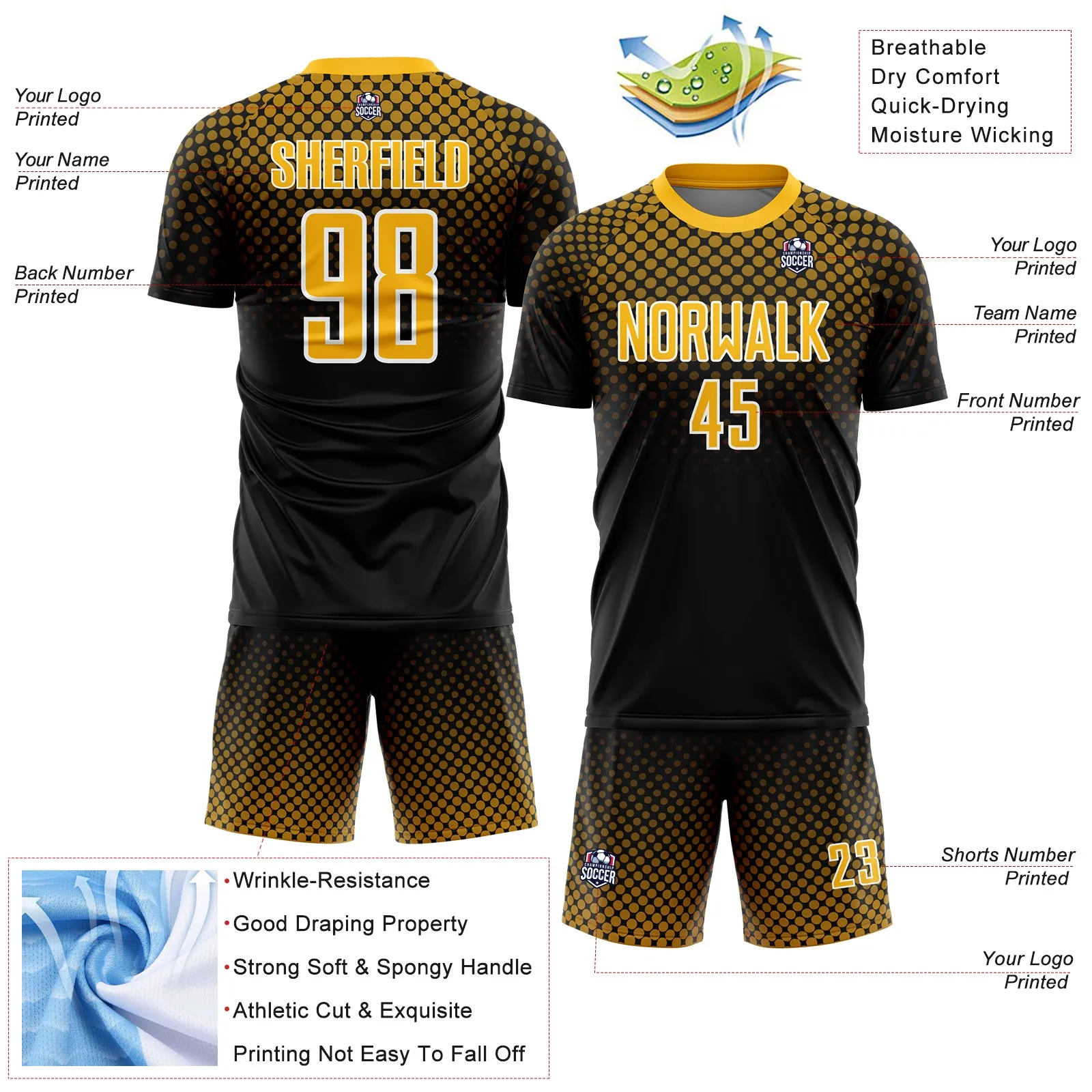 Custom Black Gold-White Halftone Dots Sublimation Soccer Uniform Jersey