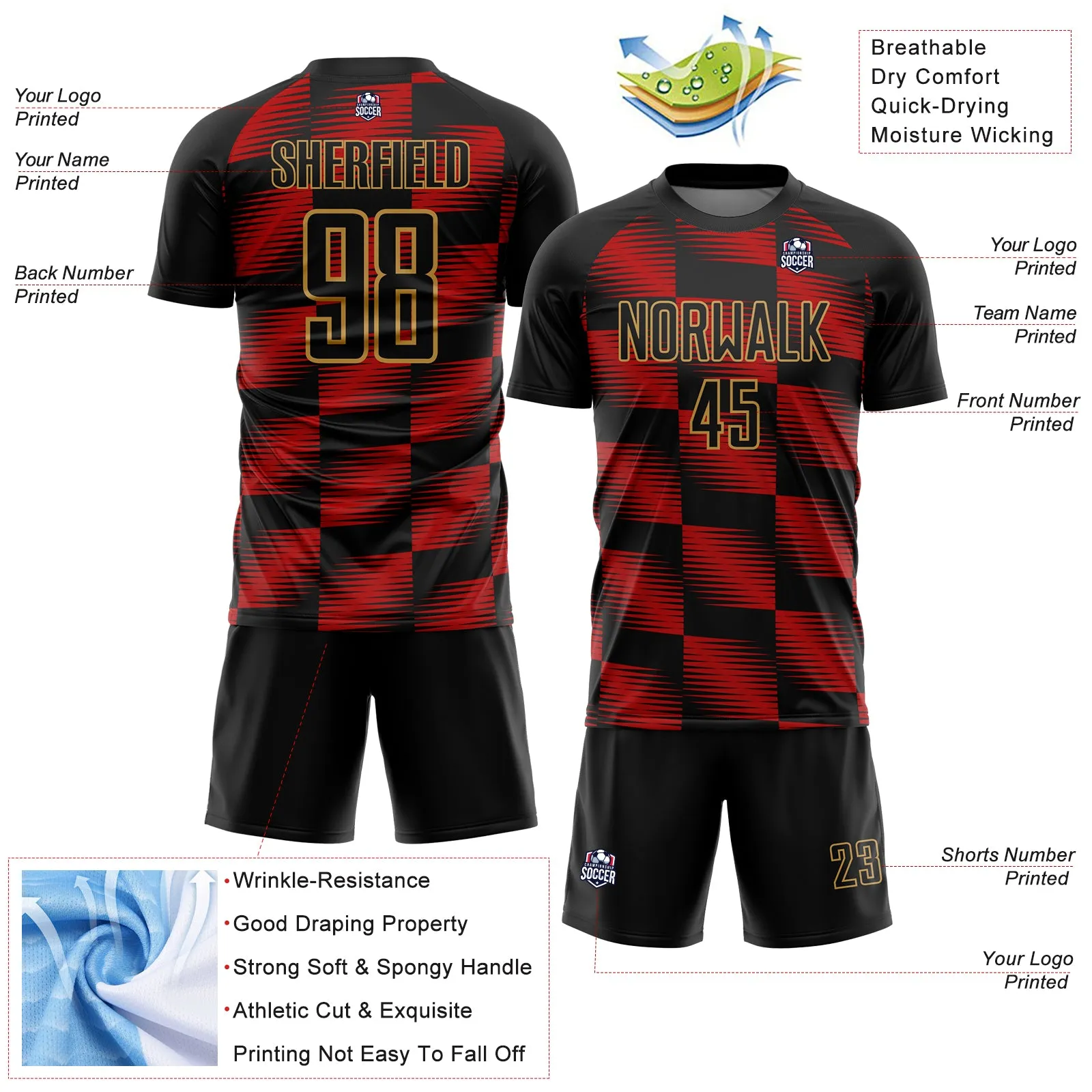 Custom Black Red-Old Gold Lines Sublimation Soccer Uniform Jersey