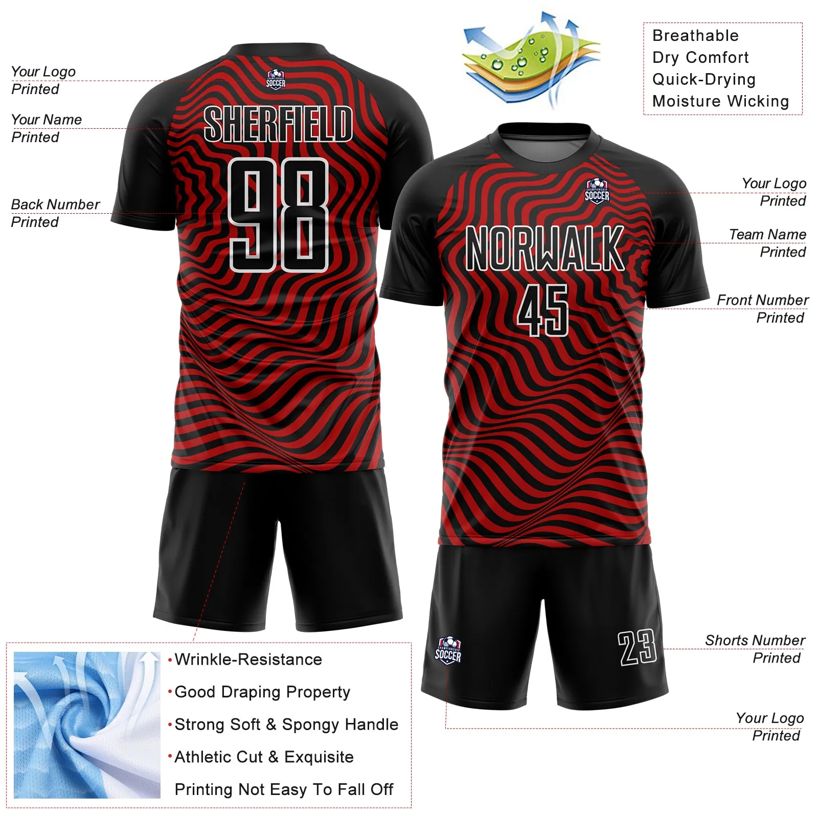 Custom Black Red-White Wavy Lines Sublimation Soccer Uniform Jersey