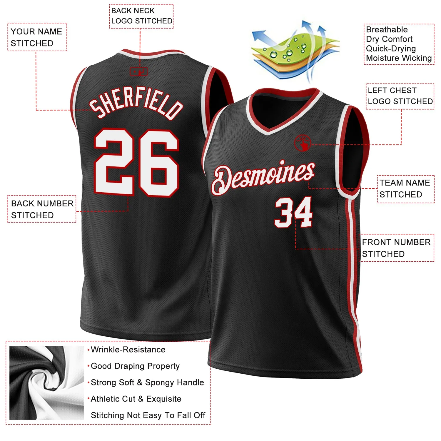 Custom Black White-Red Authentic Throwback Basketball Jersey