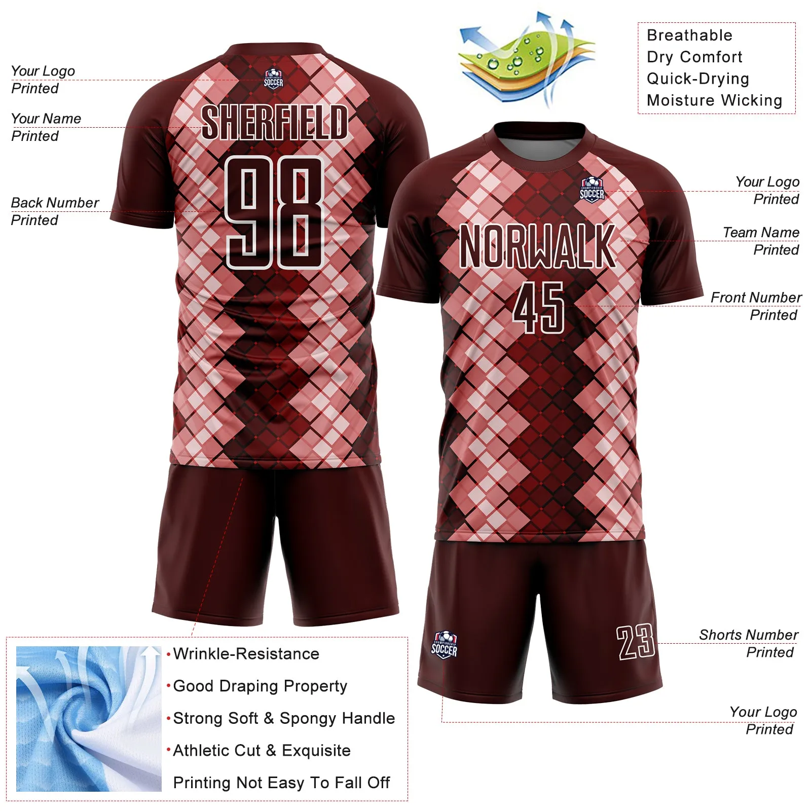 Custom Burgundy White Geometric Shapes Sublimation Soccer Uniform Jersey