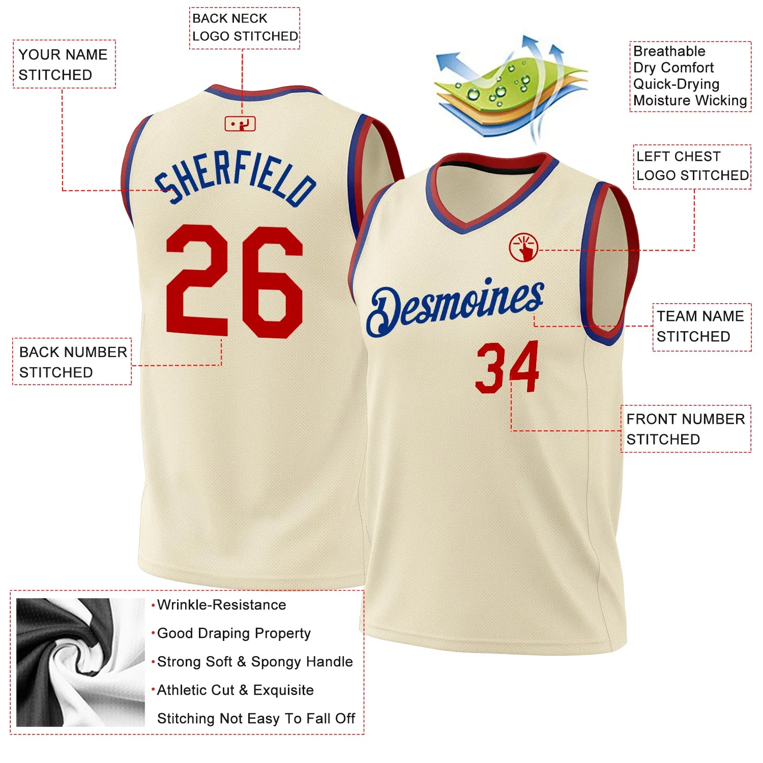 Custom Cream Red-Royal Authentic Throwback Basketball Jersey