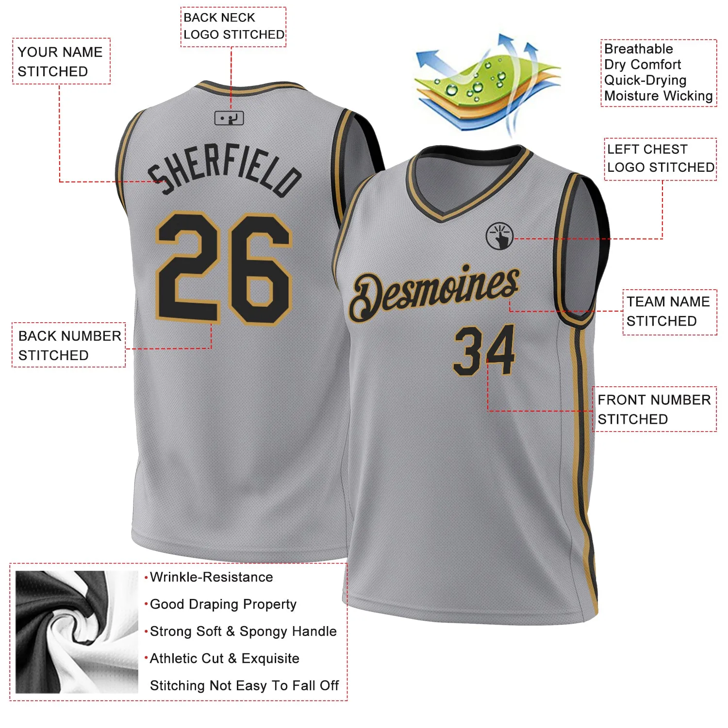 Custom Gray Black-Old Gold Authentic Throwback Basketball Jersey