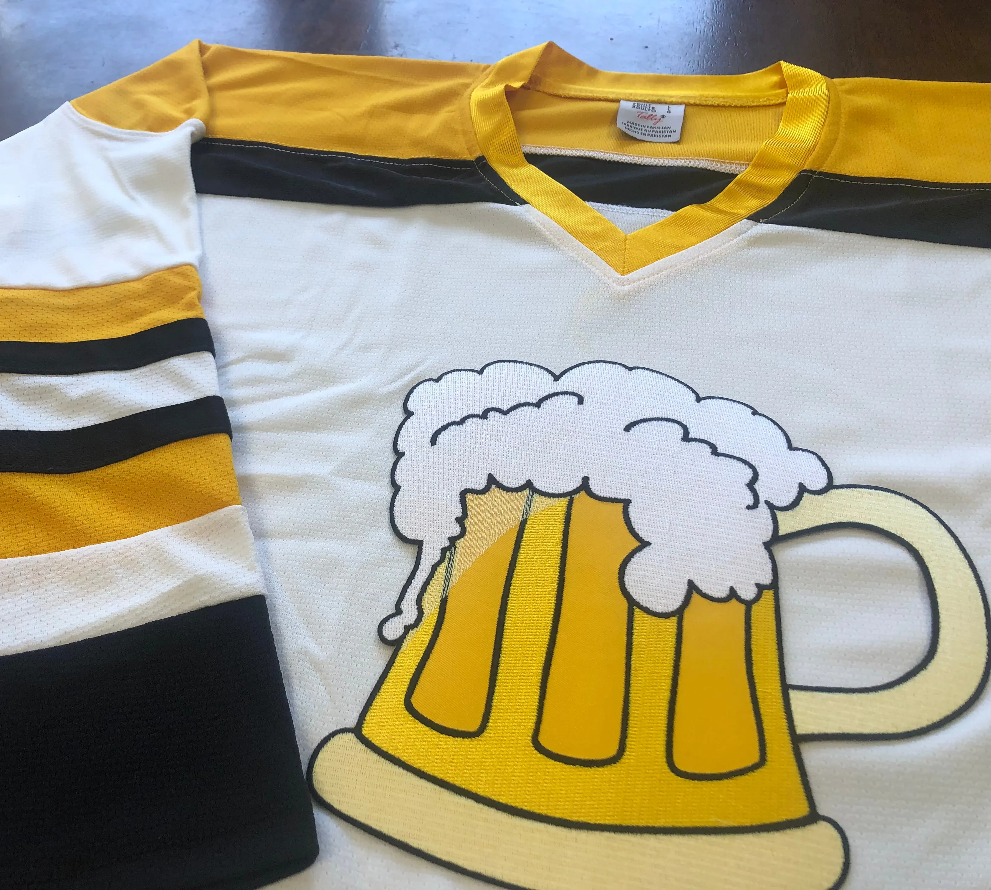 Custom Hockey Jerseys with a Beer Mug Twill Logo