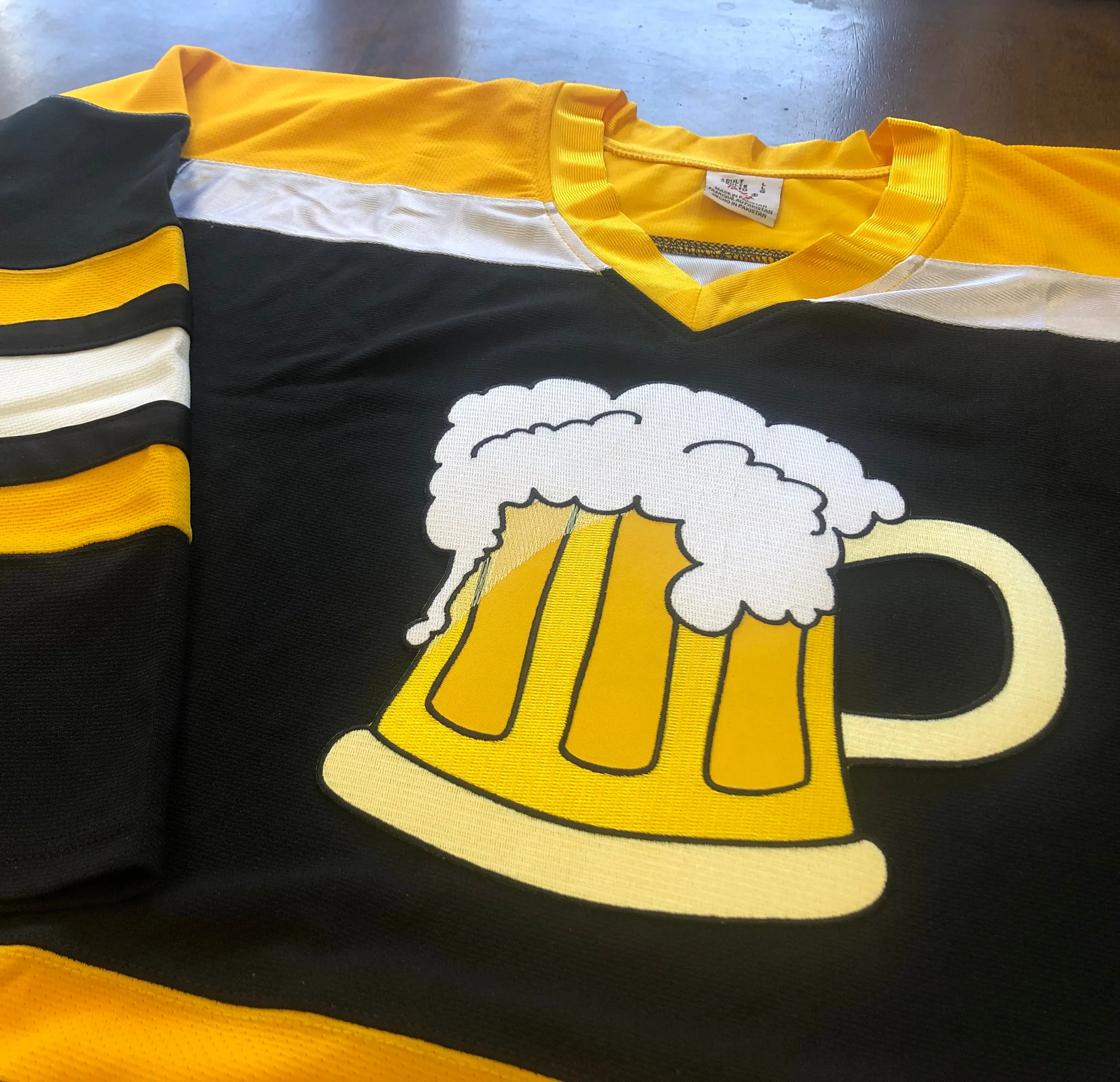 Custom Hockey Jerseys with a Beer Mug Twill Logo