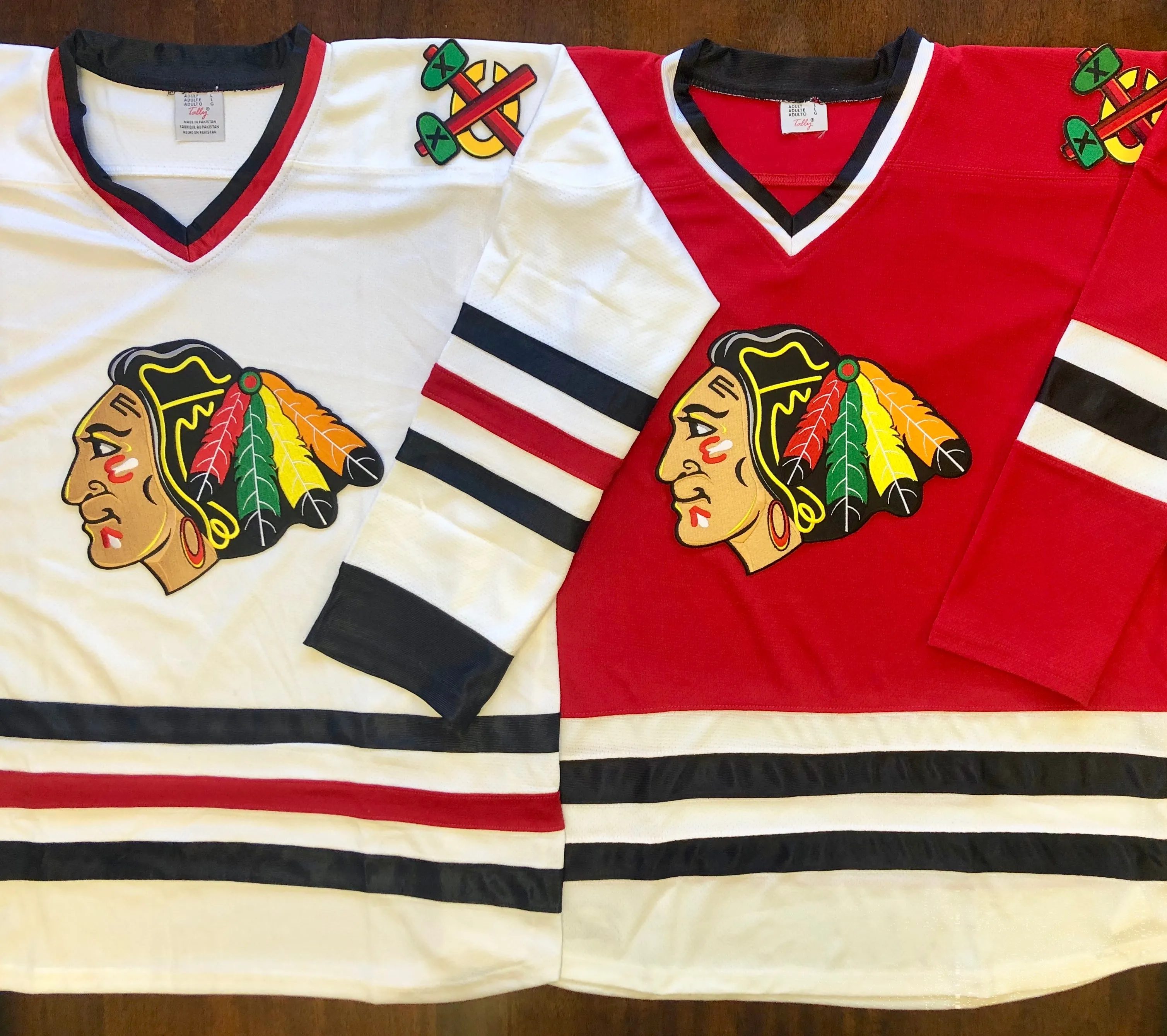 Custom Hockey Jerseys with a Blackhawk Logo and Shoulder Patches