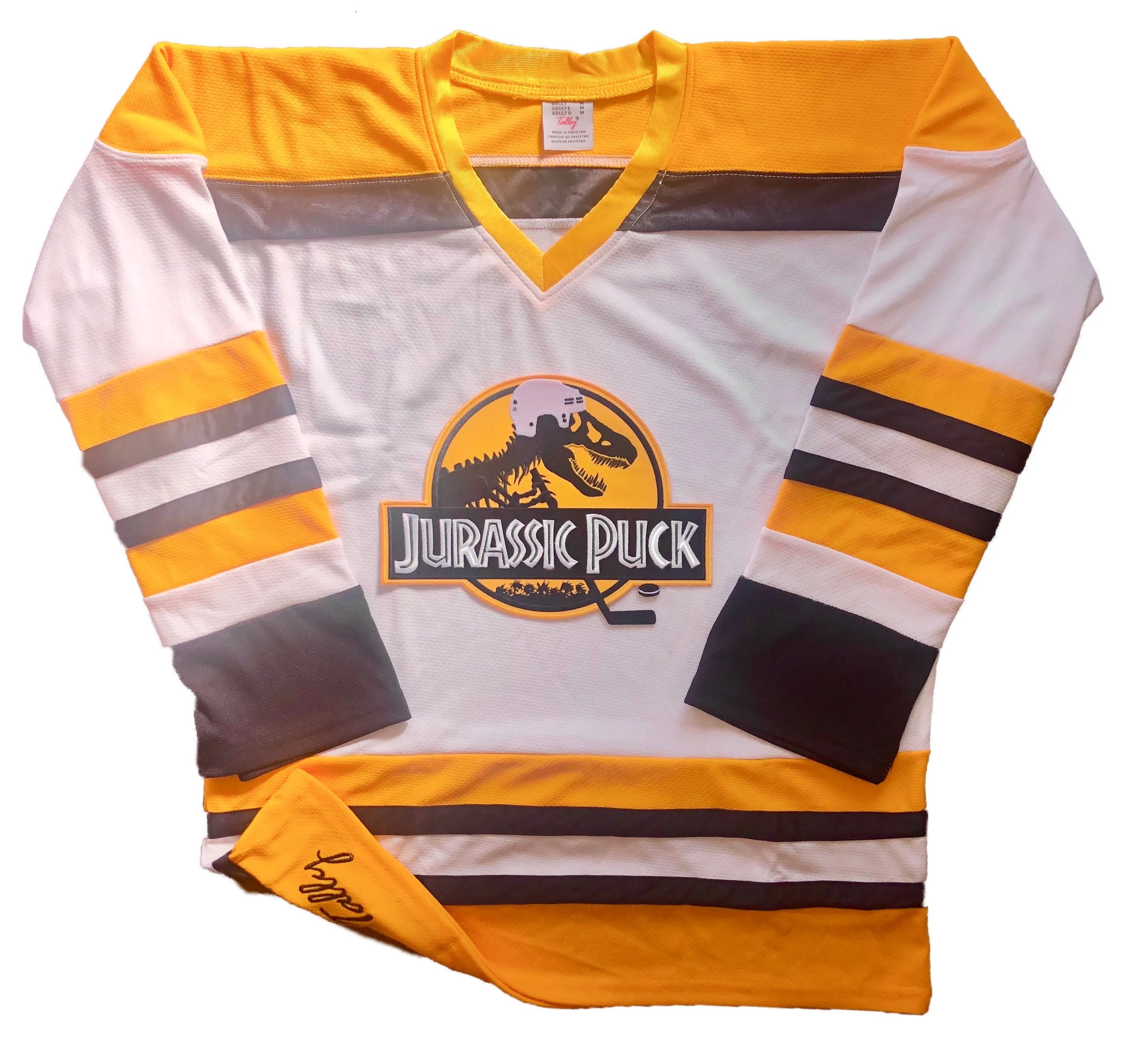 Custom Hockey Jerseys with a Jurassic Puck Embroidered Twill Logo