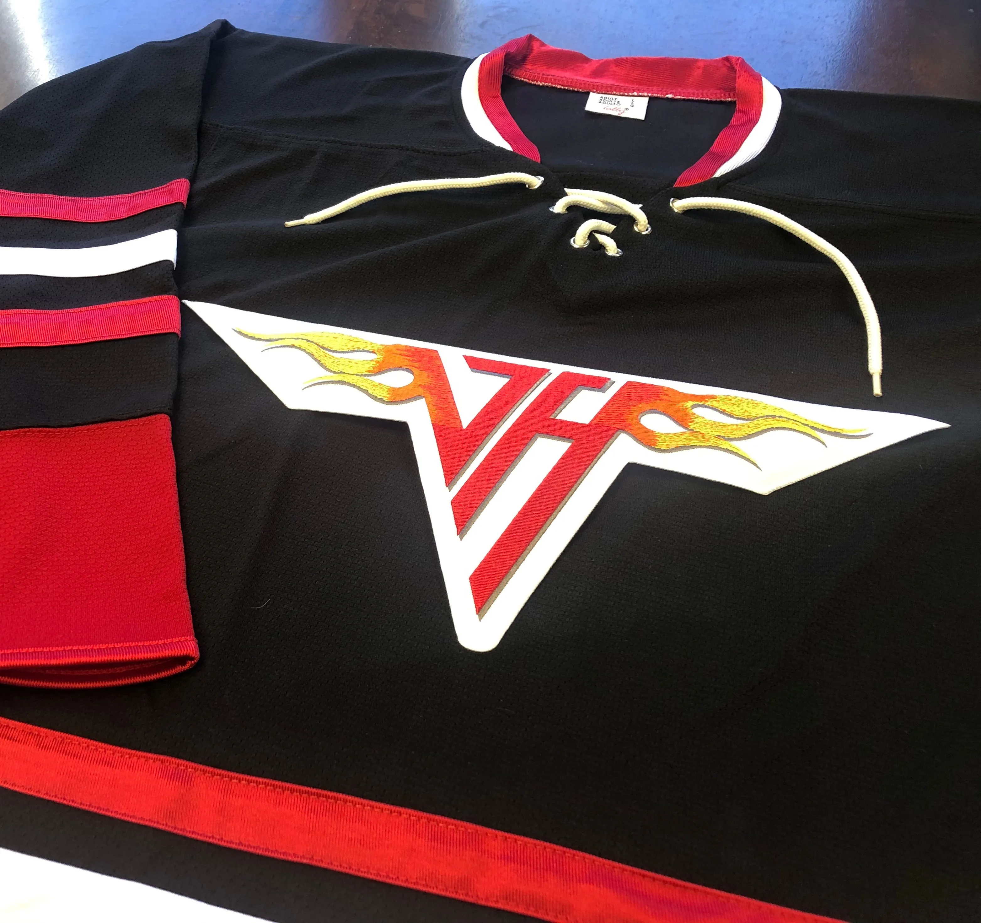 Custom Hockey Jerseys with a Van Halen Embroidered Twill Logo