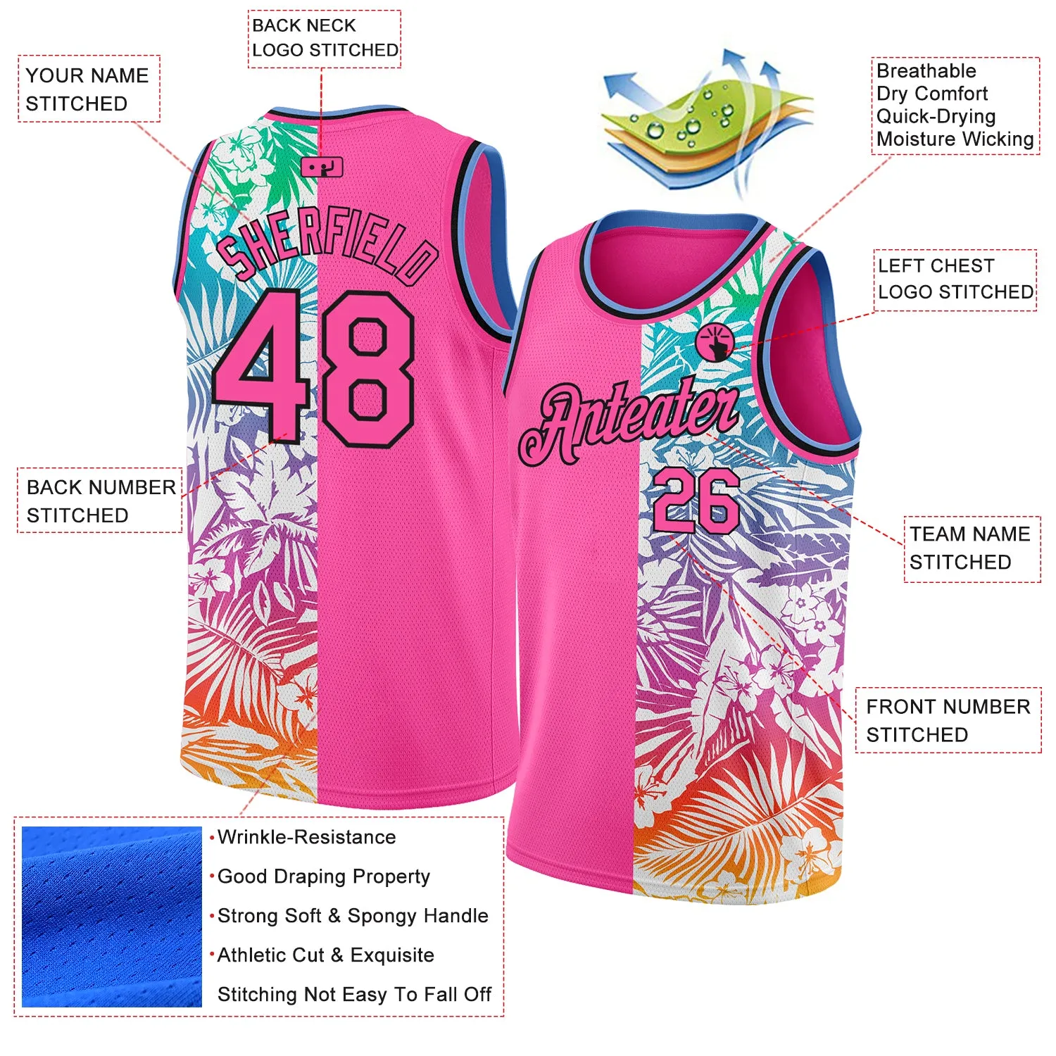 Custom Pink Black 3D Pattern Tropical Hawaii Palm Leaves Authentic Basketball Jersey