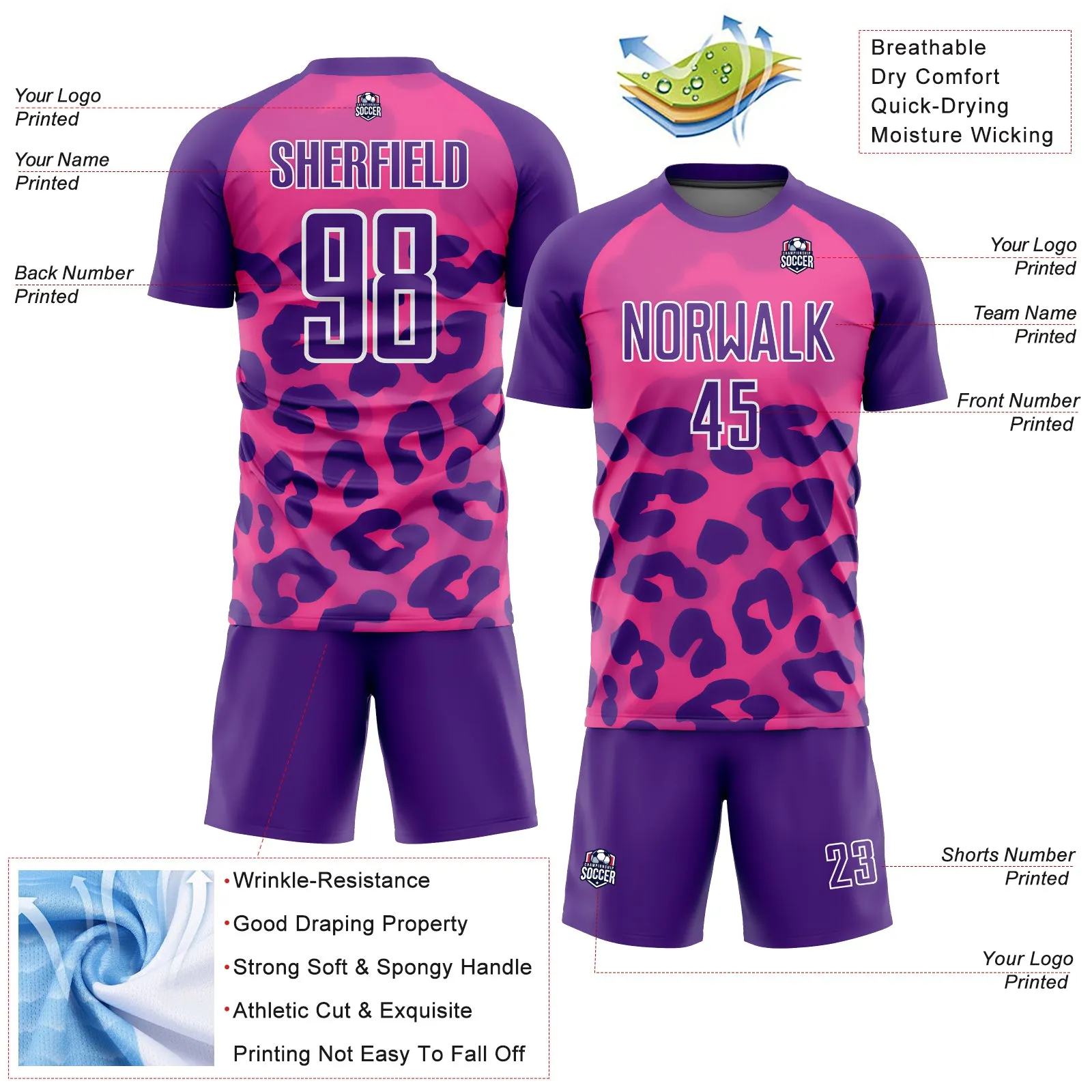 Custom Pink Purple-White Animal Print Sublimation Soccer Uniform Jersey