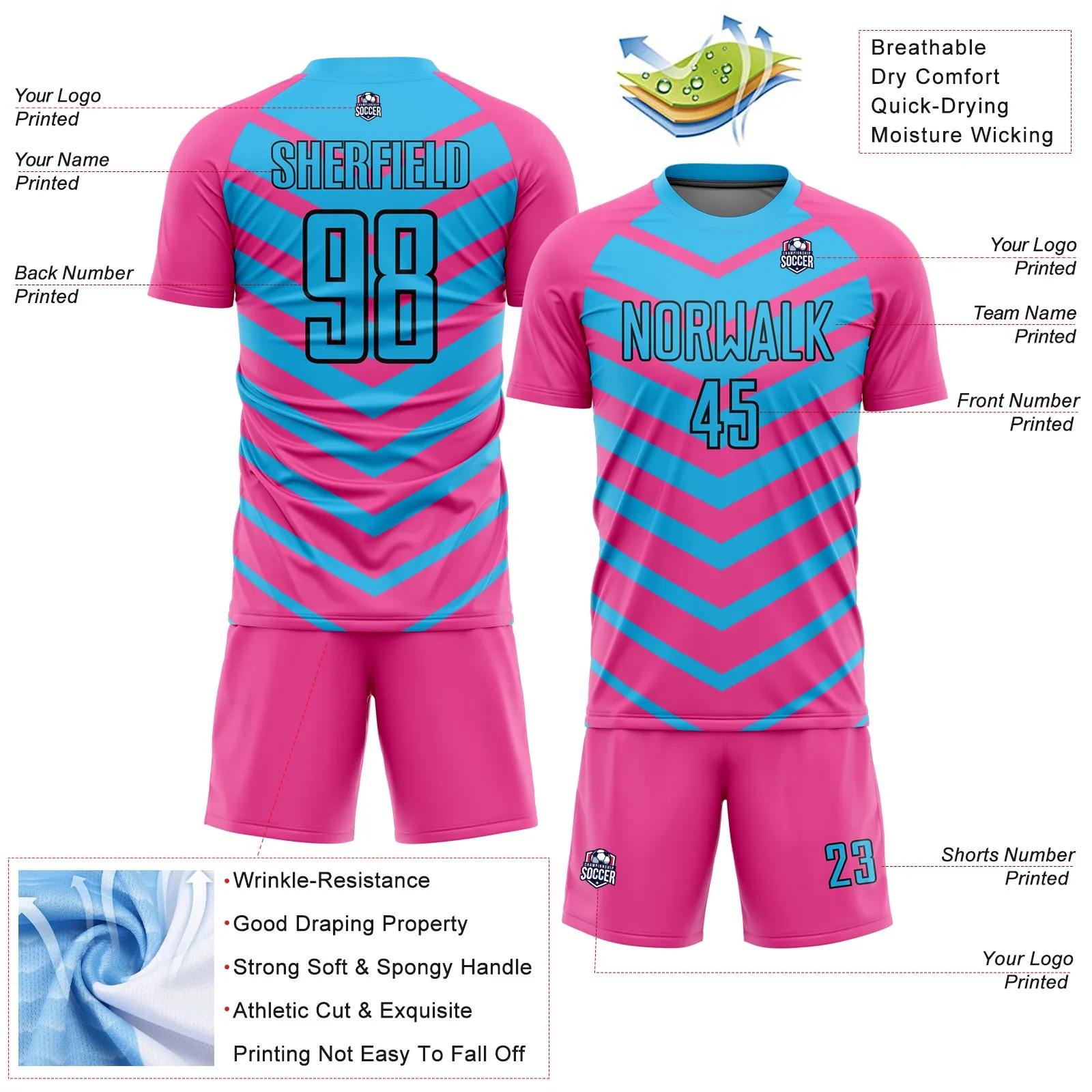 Custom Pink Sky Blue-Black Arrow Shapes Sublimation Soccer Uniform Jersey