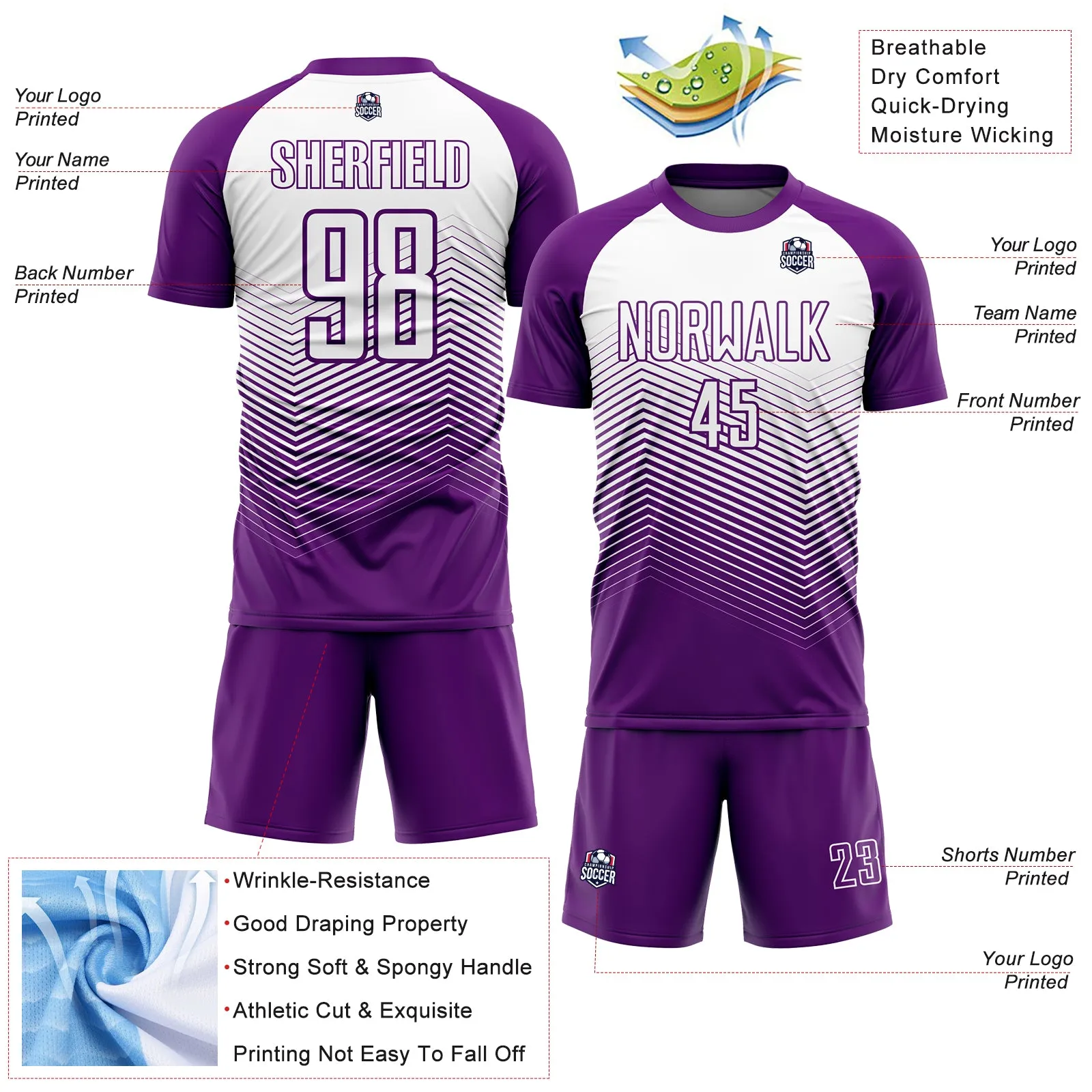 Custom Purple White Abstract Geometric Triangles Sublimation Soccer Uniform Jersey