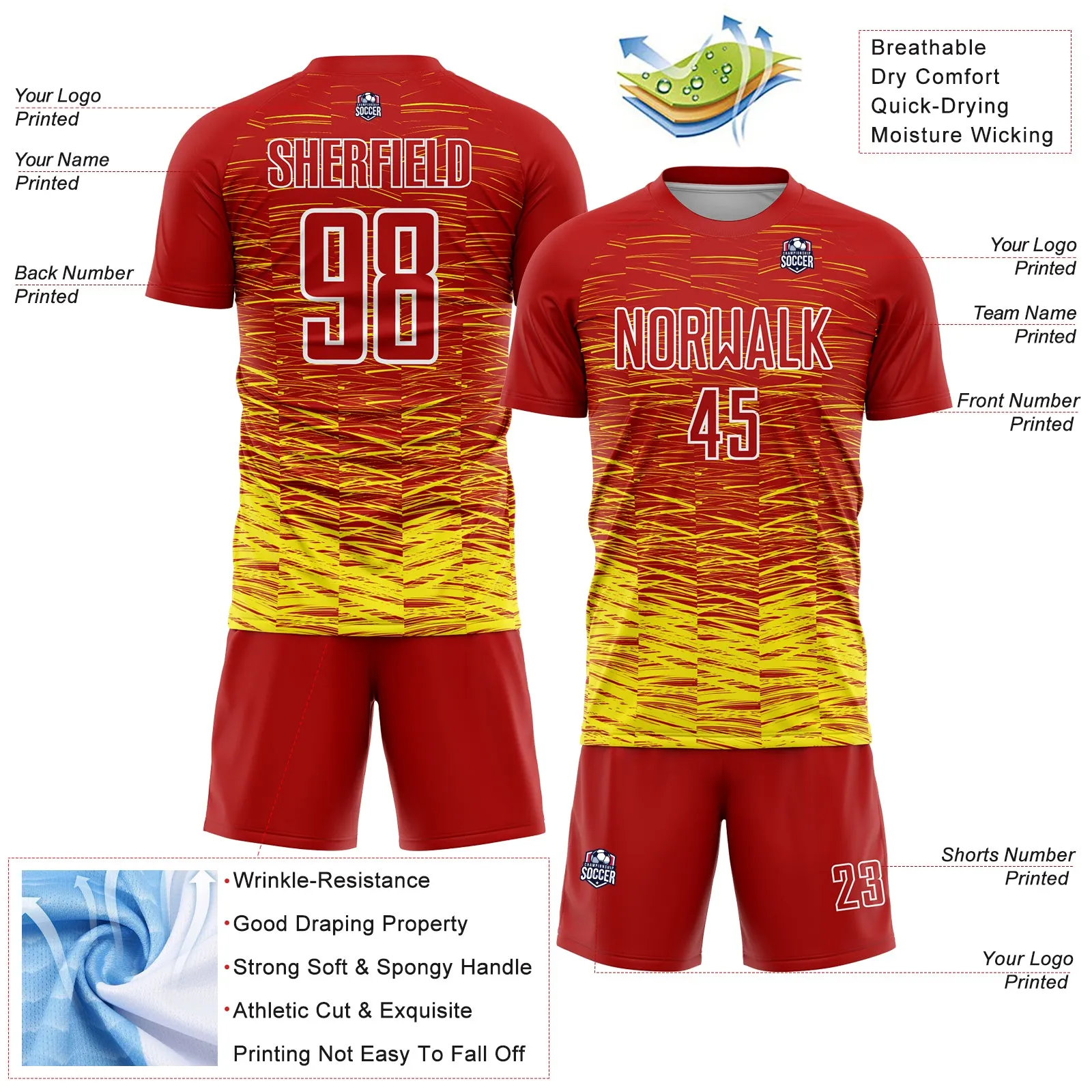 Custom Red Light Yellow-White Line Sublimation Soccer Uniform Jersey