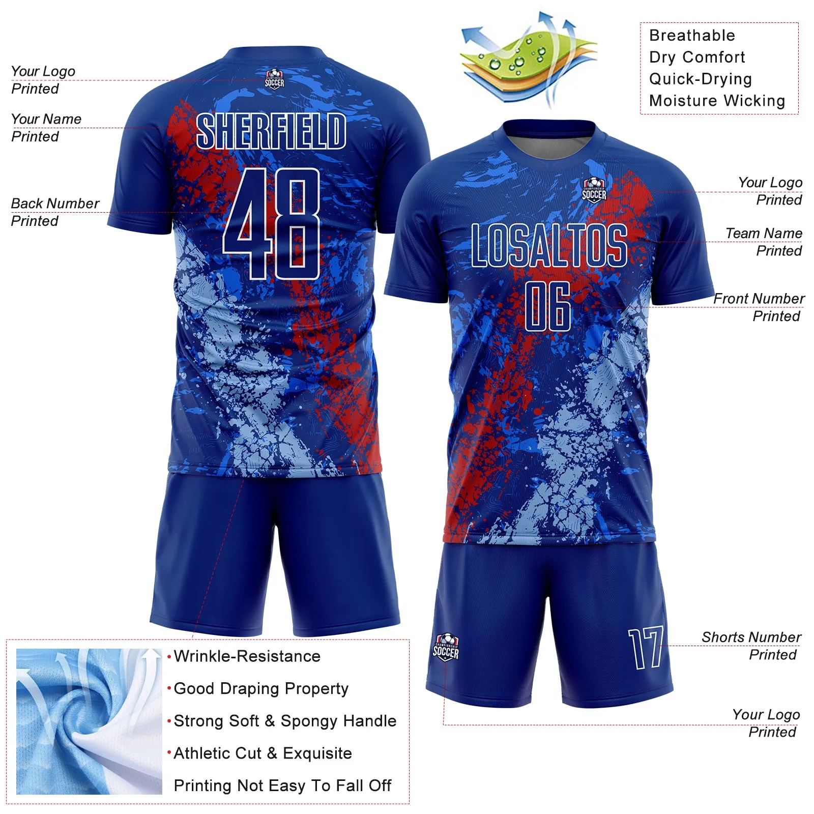 Custom Royal Red-Light Blue Dripping Splatter Art Sublimation Soccer Uniform Jersey