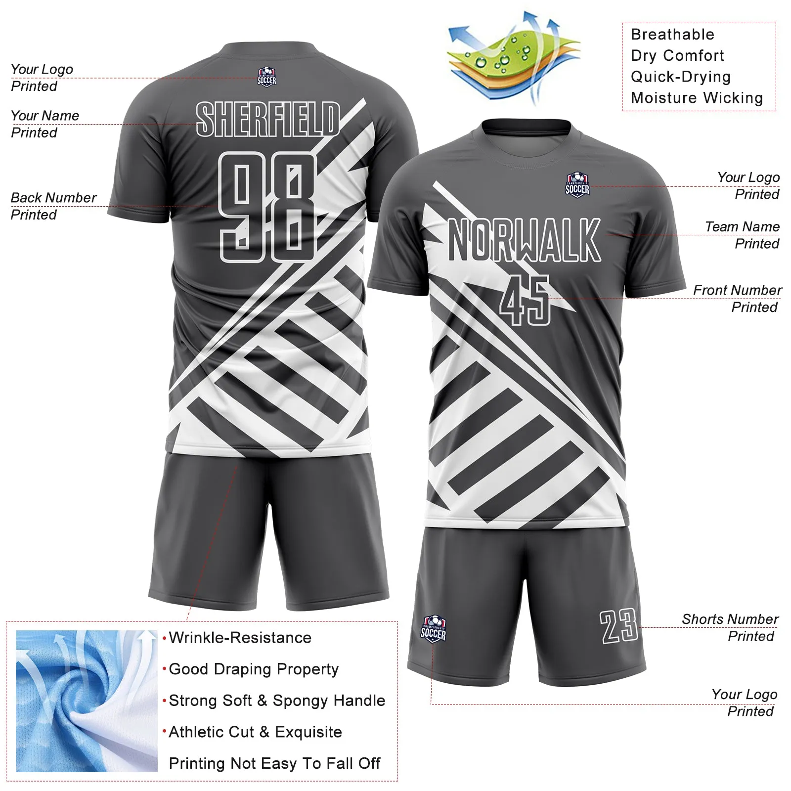 Custom Steel Gray White Lines Sublimation Soccer Uniform Jersey