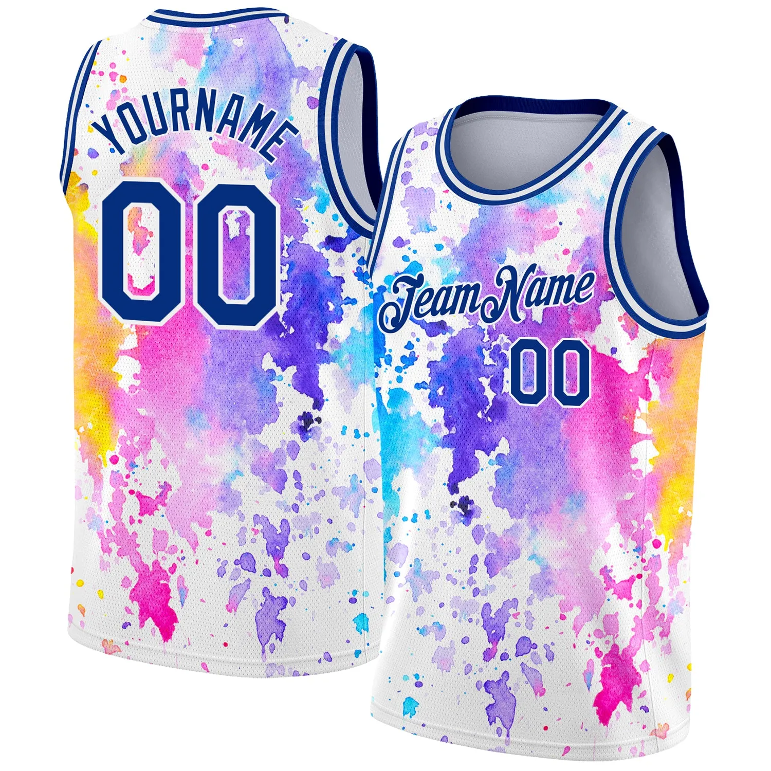 Custom White Royal 3D Pattern Design Watercolor Splash Authentic Basketball Jersey