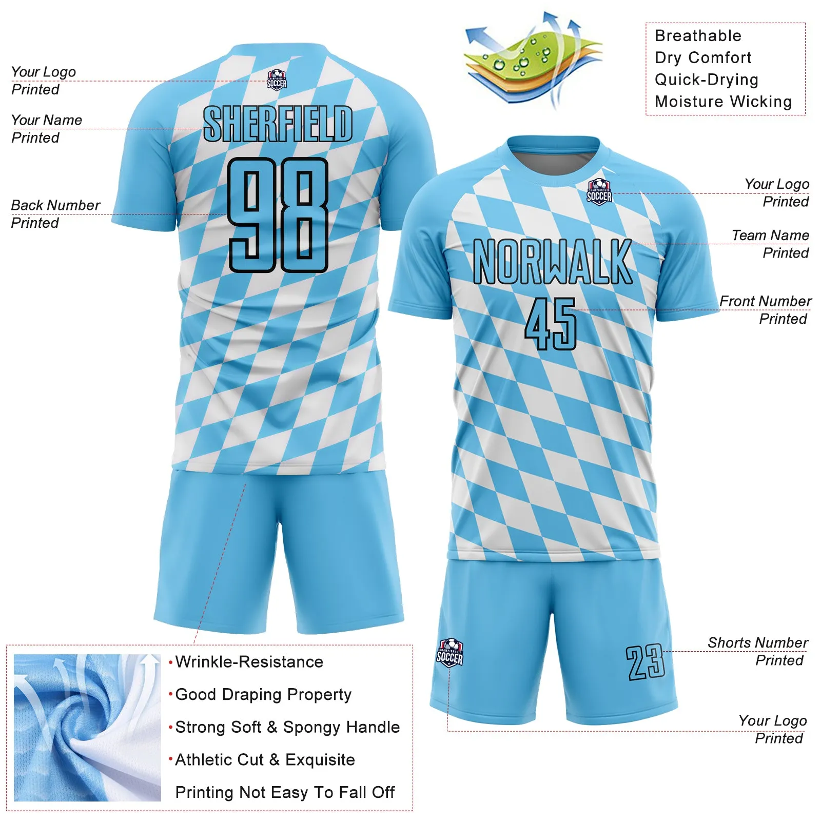 Custom White Sky Blue-Black Bavarian Flag Sublimation Soccer Uniform Jersey