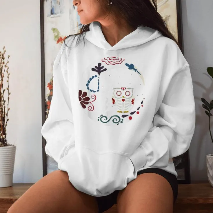 Cute Owl Sugar Skull Sitting On Scary Moon Horror Halloween Women Hoodie