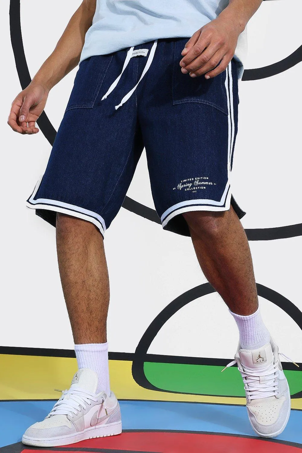 Denim Basketball Short With Side Tape | boohooMAN UK