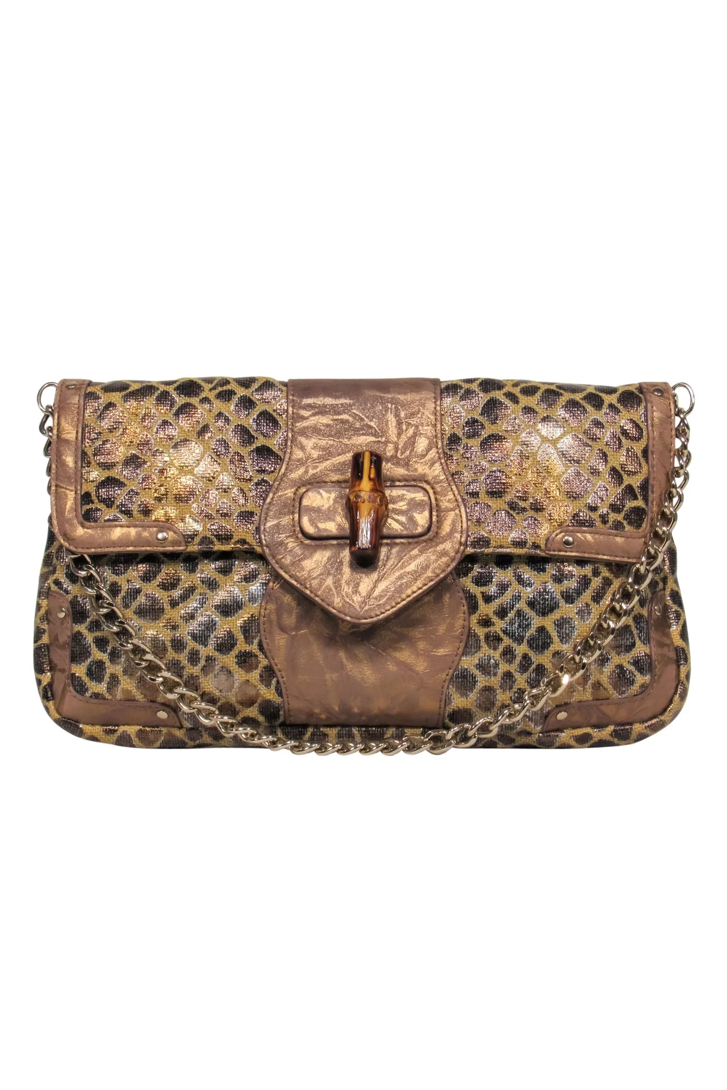 Elaine Turner - Bronze & Tan Giraffe Print Shoulder Bag w/ Bamboo Clasp