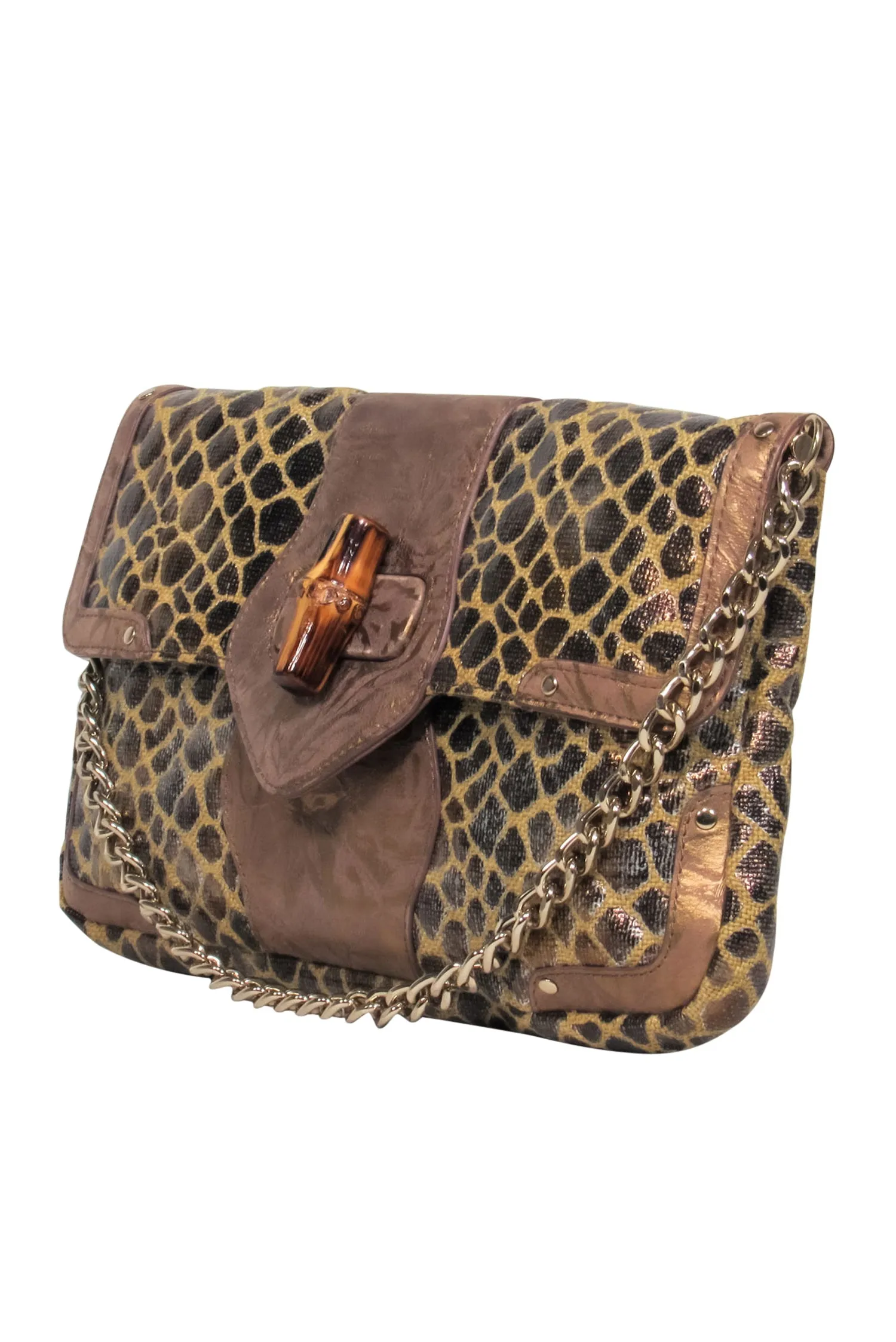 Elaine Turner - Bronze & Tan Giraffe Print Shoulder Bag w/ Bamboo Clasp