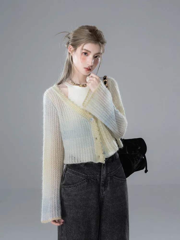 Flare-Sleeve V-Neck Short Sheer Mohair-Knit Cardigan