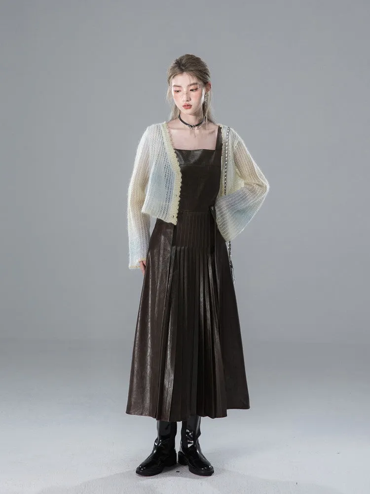 Flare-Sleeve V-Neck Short Sheer Mohair-Knit Cardigan