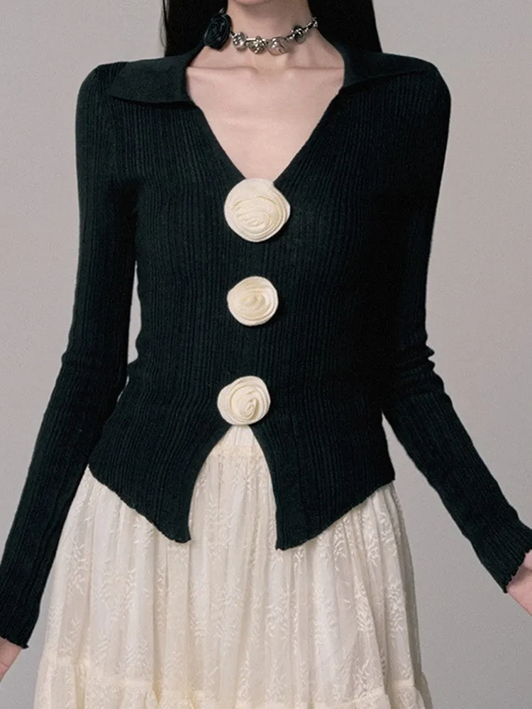 Flower Corsage V-Neck Bi-Color Knit Cardigan